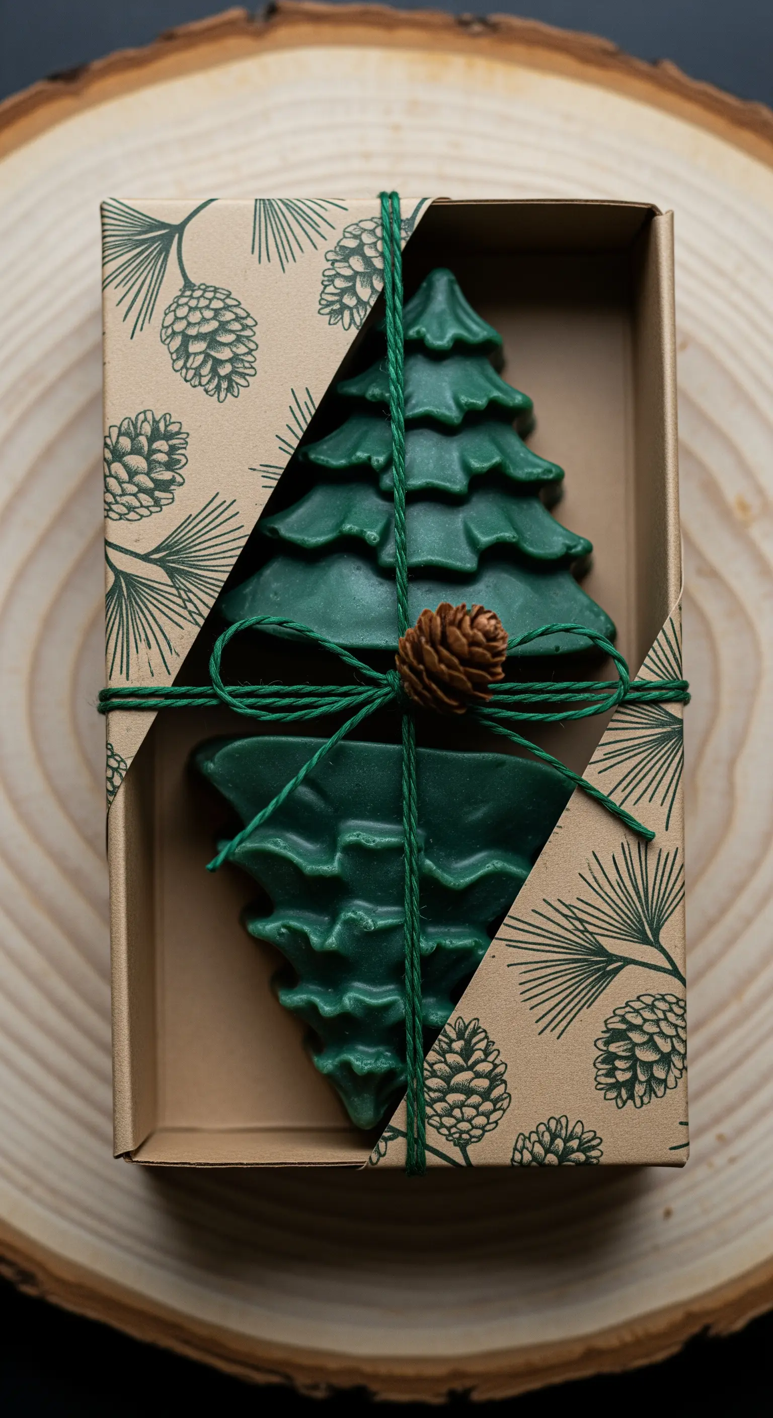 Saponi a forma di albero di Natale in una scatola decorata con pigne e spago verde.