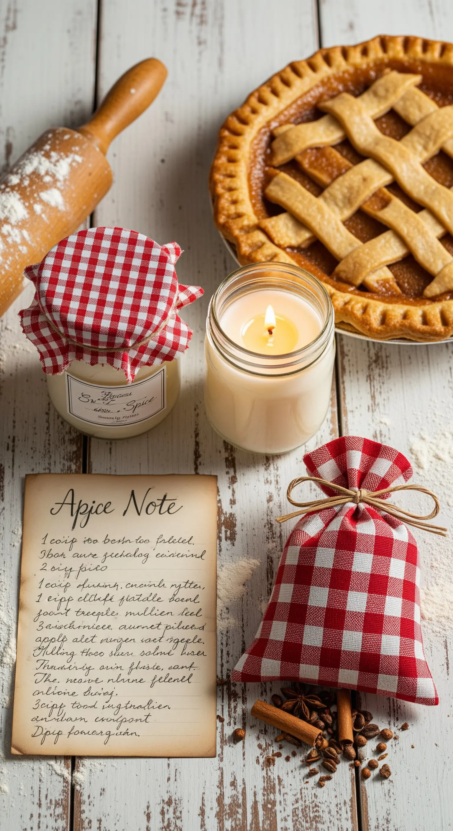 Candela profumata, sacchetto a quadretti e una crostata su un tavolo di legno bianco.