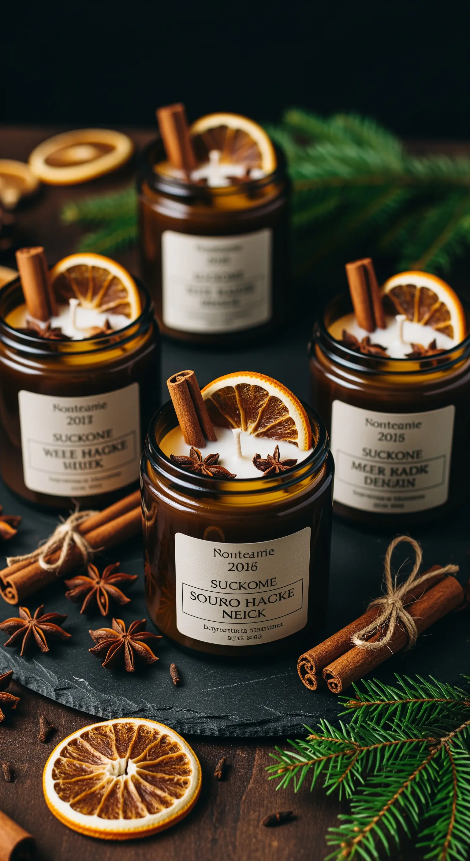 Candele artigianali in barattoli di vetro con cannella, anice stellato e arancia secca