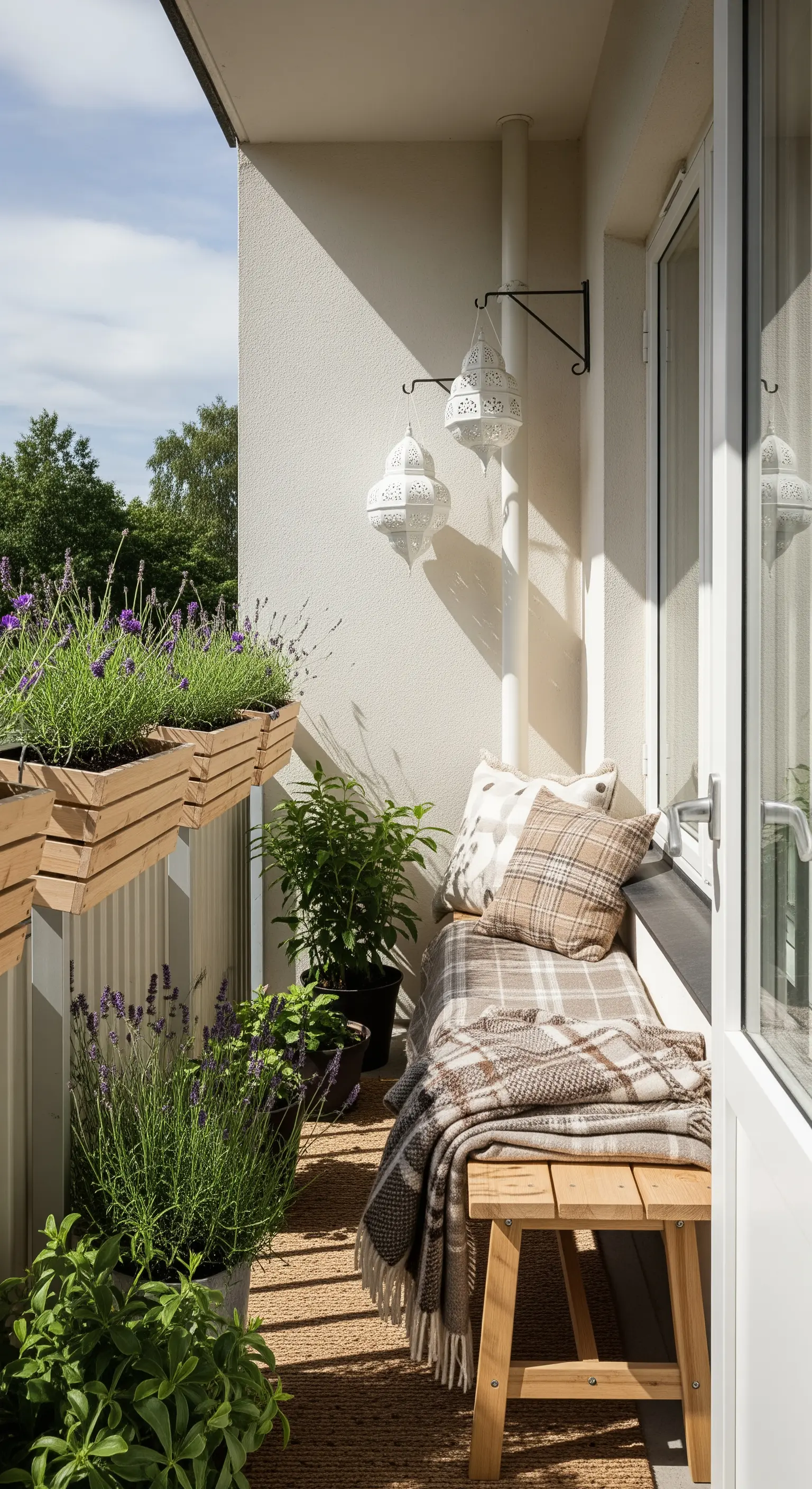 Balcone stretto e lungo con panca in legno, cuscini a quadri e fioriere di lavanda.
