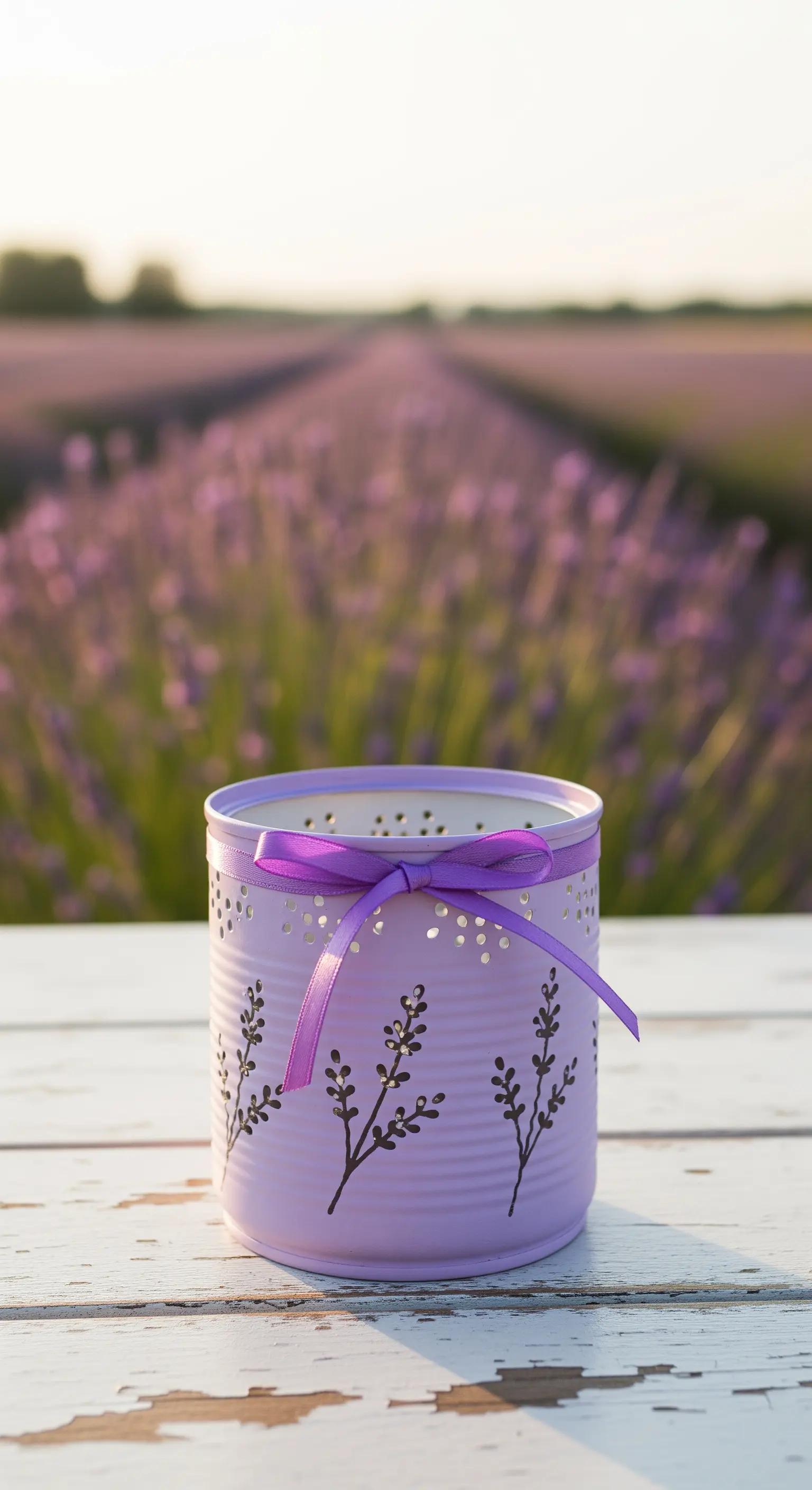 Portacandela lilla con rametti di lavanda traforati e un nastro di raso viola.
