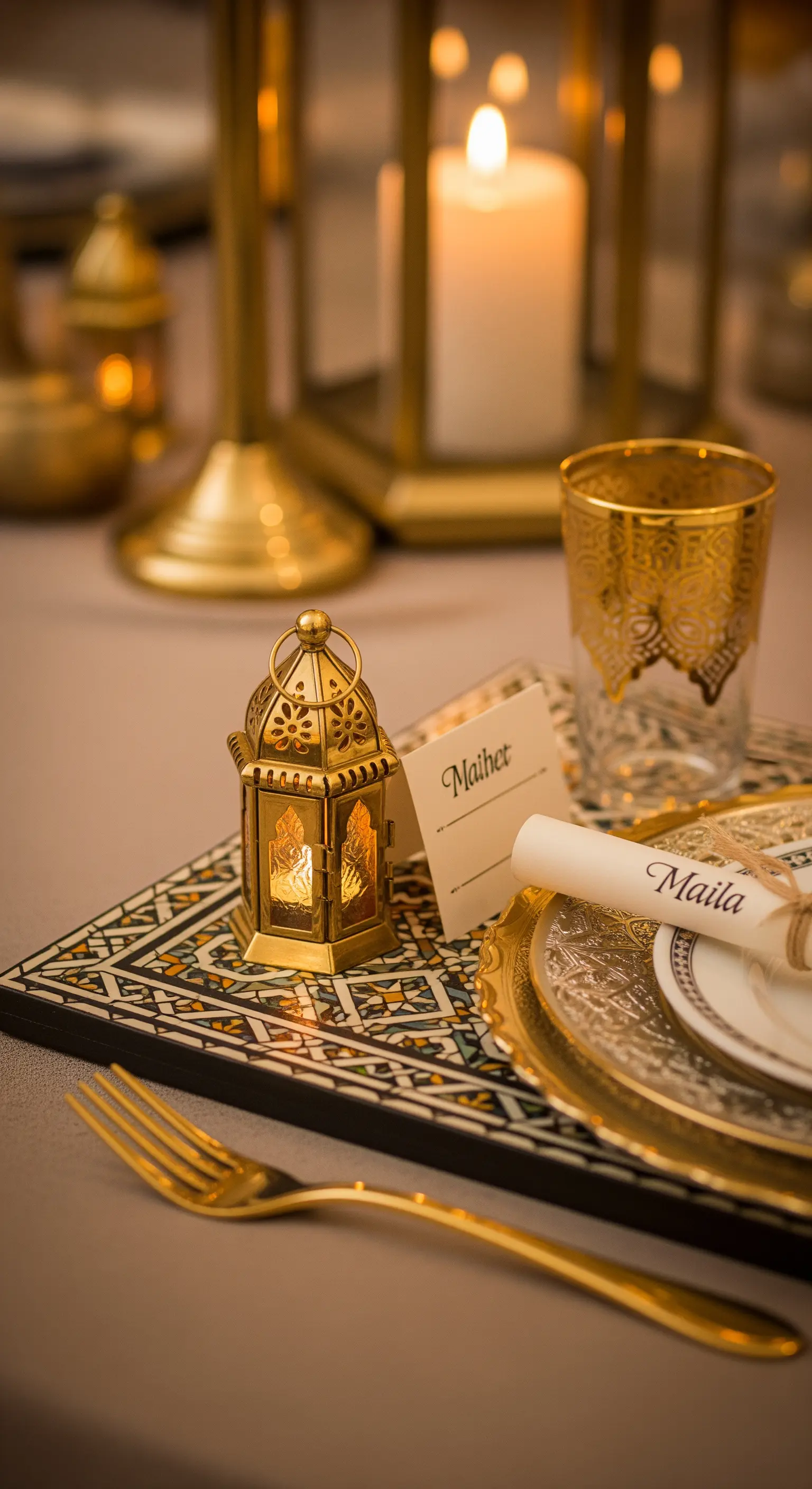 Tavola in stile marocchino con tovaglietta a mosaico, lanterna dorata e posate oro