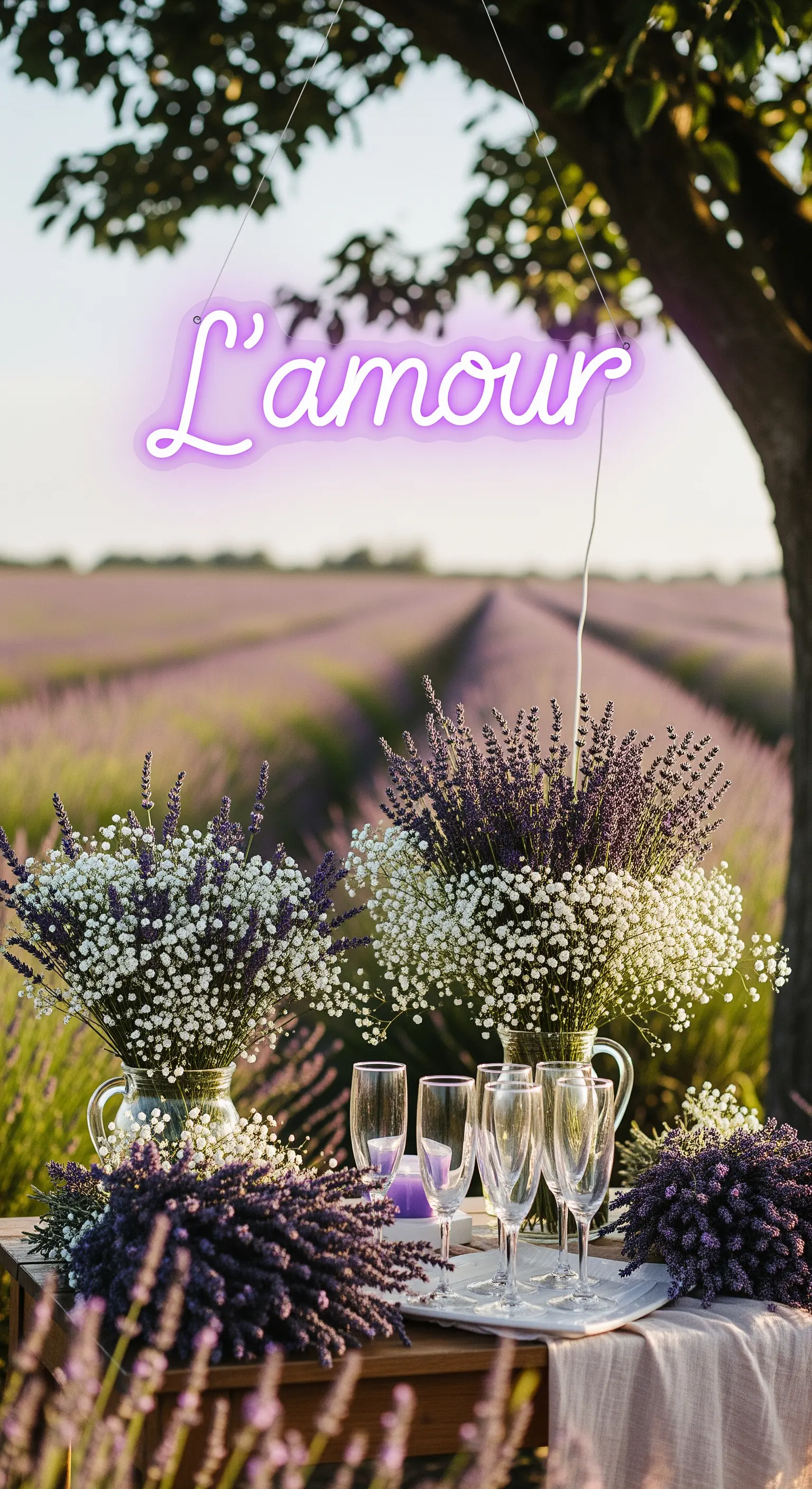 Tavolo in un campo di lavanda con insegna 