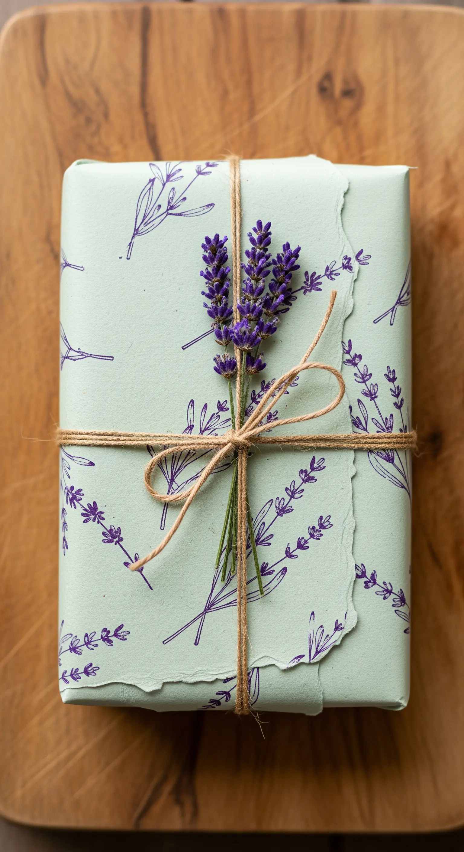 Regalo incartato in carta verde menta con timbri di lavanda e un rametto di lavanda fresca.