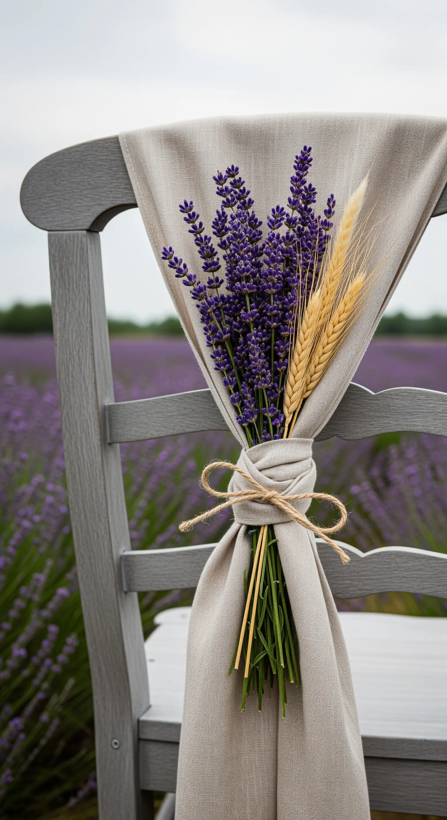 Sedia grigia in legno con un drappo di lino naturale e un mazzo di lavanda e grano.