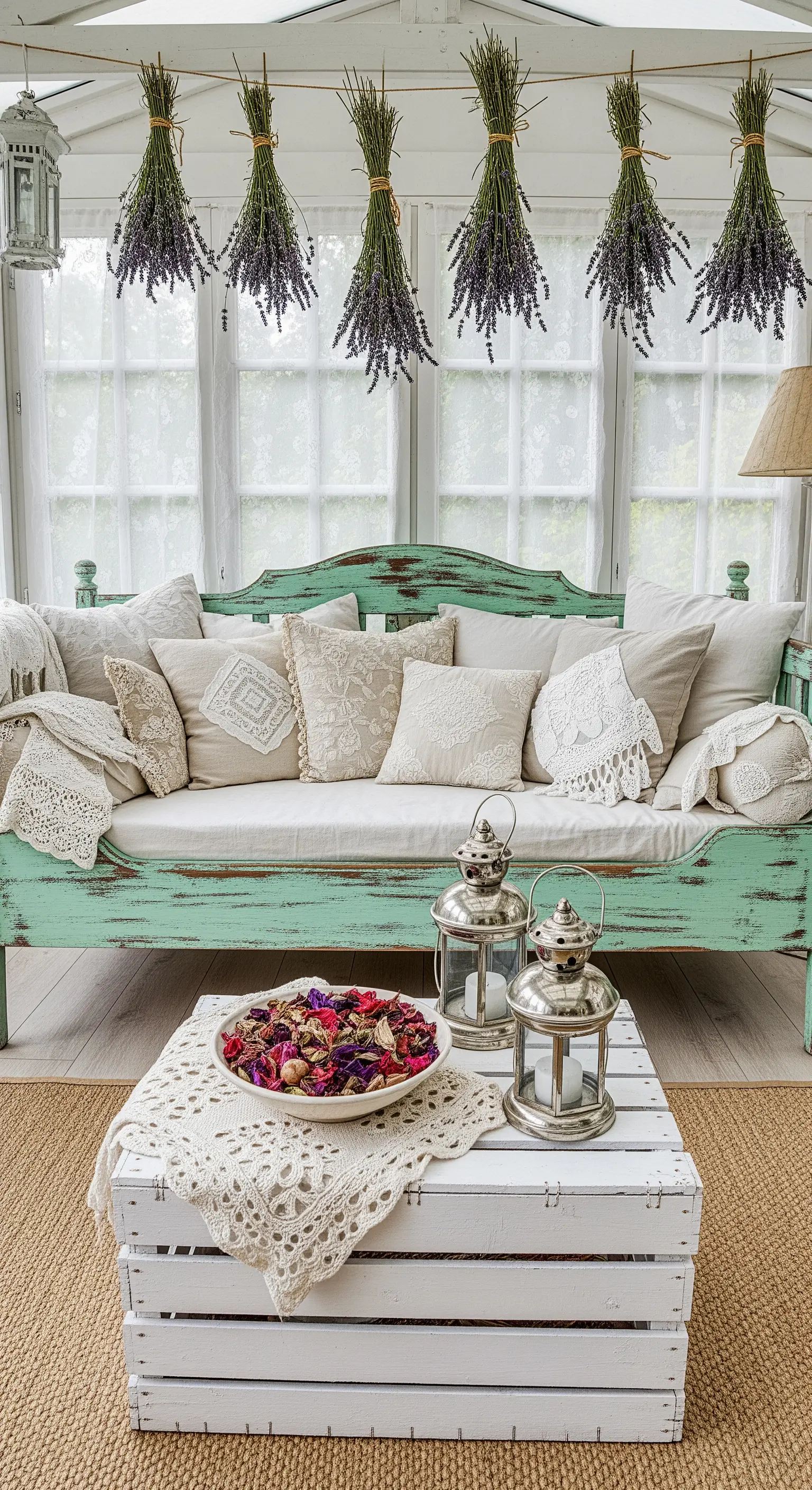 Divano verde menta decapato con cuscini in pizzo e mazzi di lavanda appesi al soffitto.