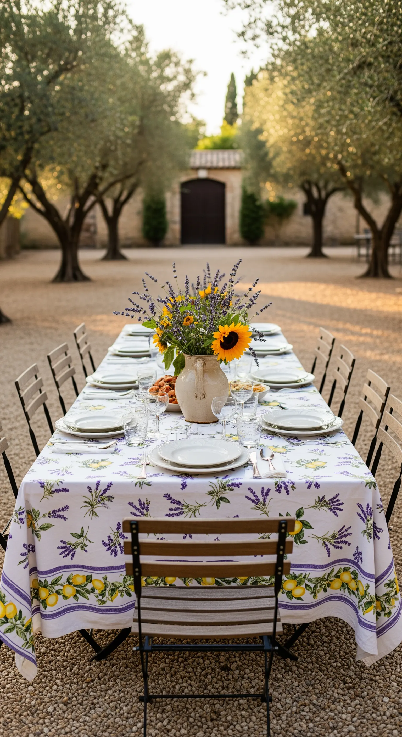 Tavola in un uliveto con tovaglia a stampa provenzale, piatti bianchi e un vaso di lavanda e girasoli.