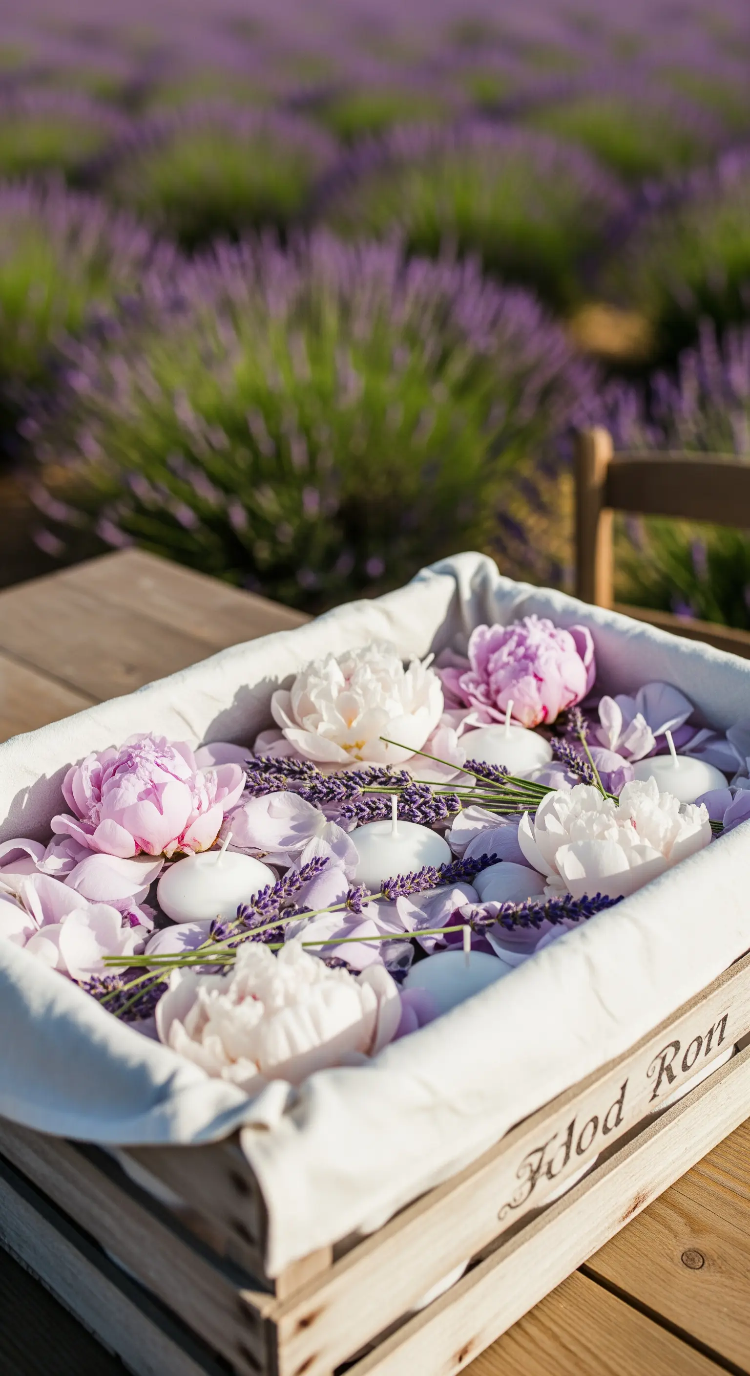 Cassetta in legno con peonie, steli di lavanda e candele galleggianti su un telo di lino.