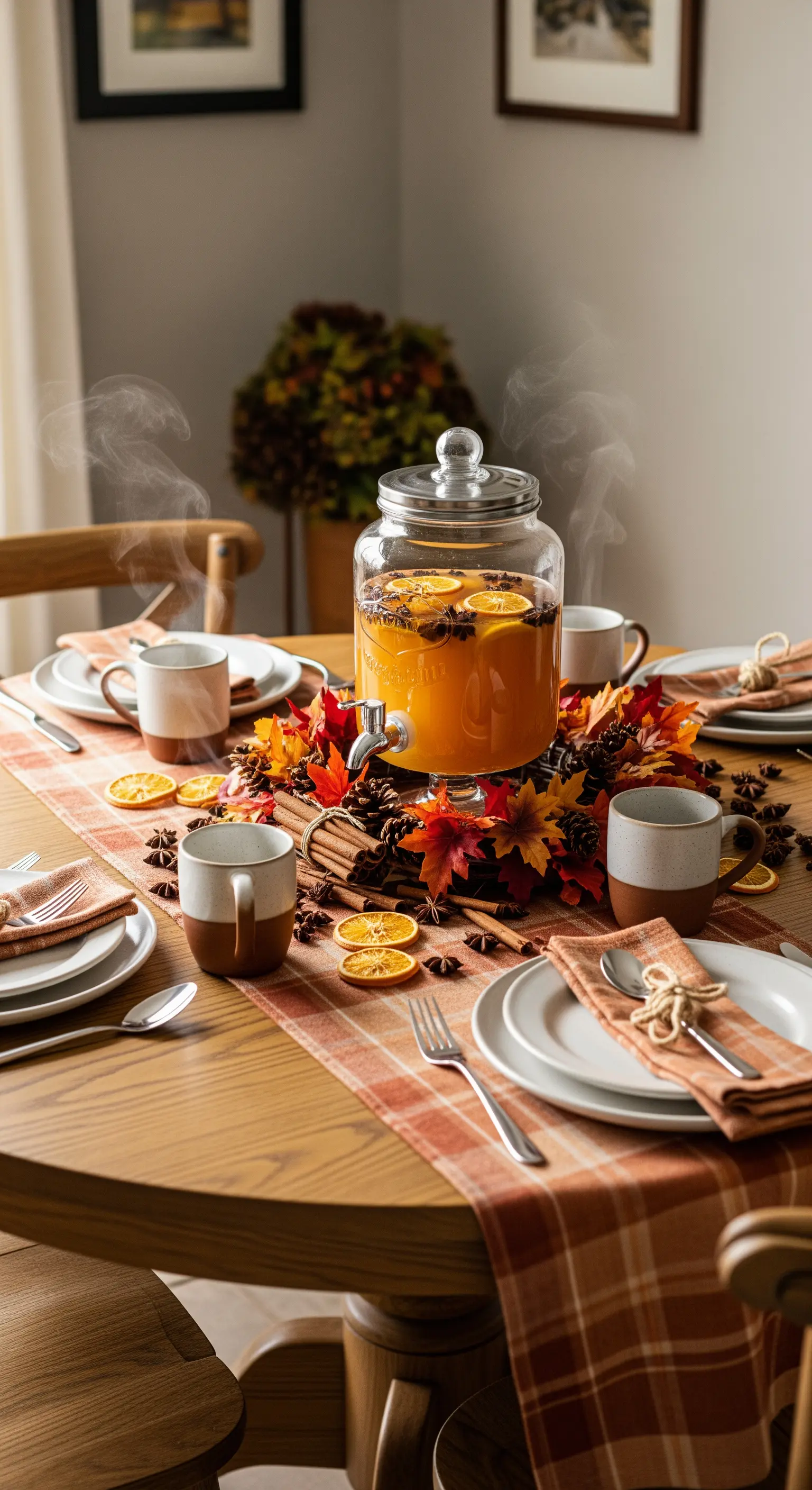 Tavola autunnale con un dispenser di sidro caldo decorato con cannella e arance secche.