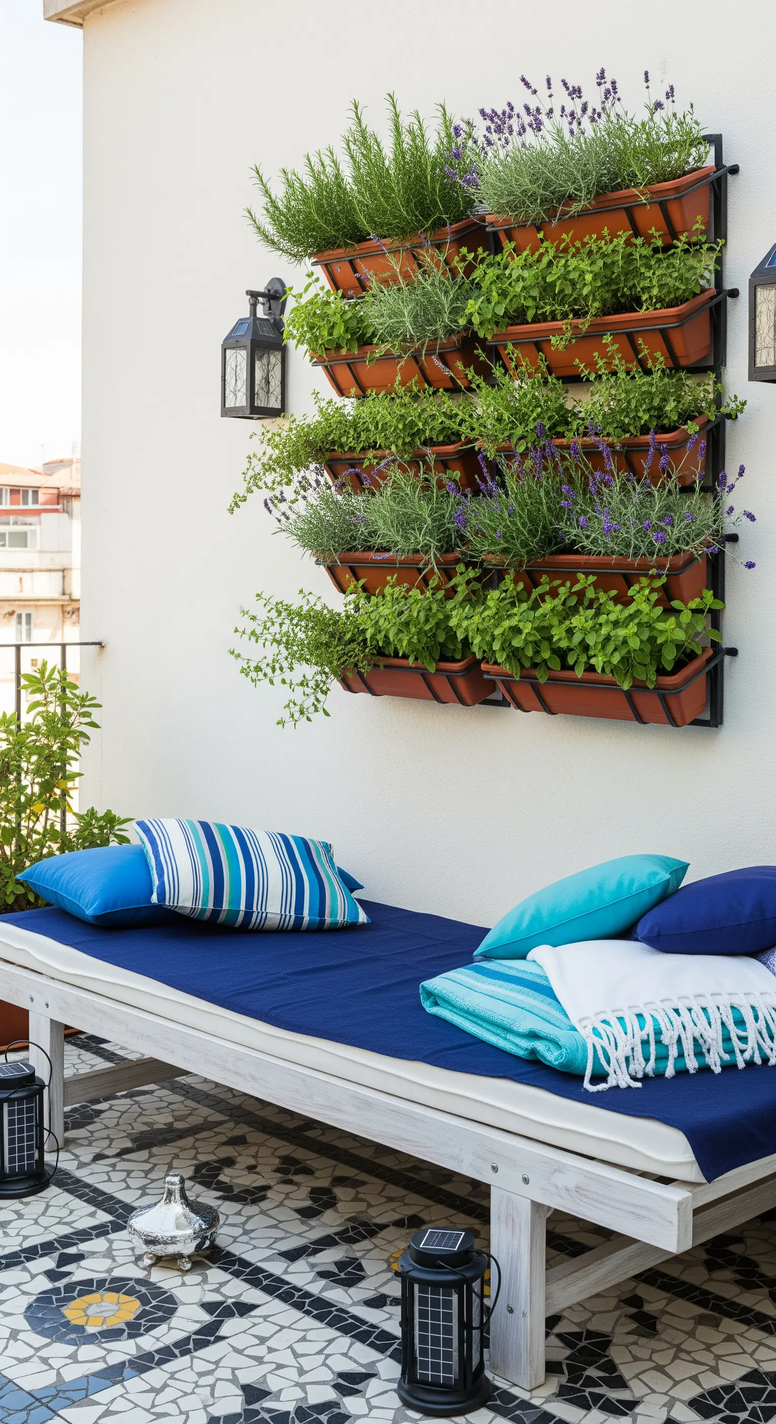 Lettino con cuscini blu su pavimento a mosaico e un giardino verticale di erbe aromatiche.