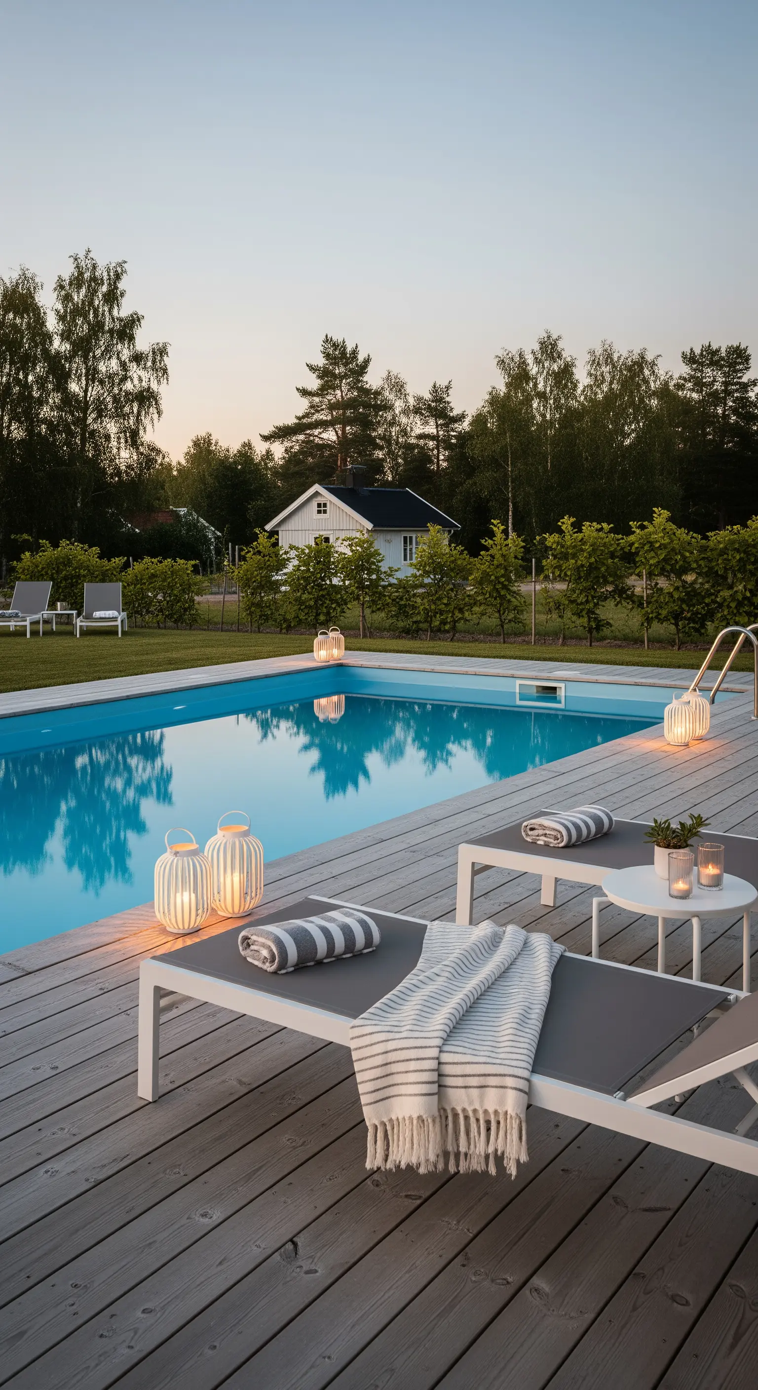 Bordo piscina in legno con lettini moderni, teli a righe e lanterne bianche accese