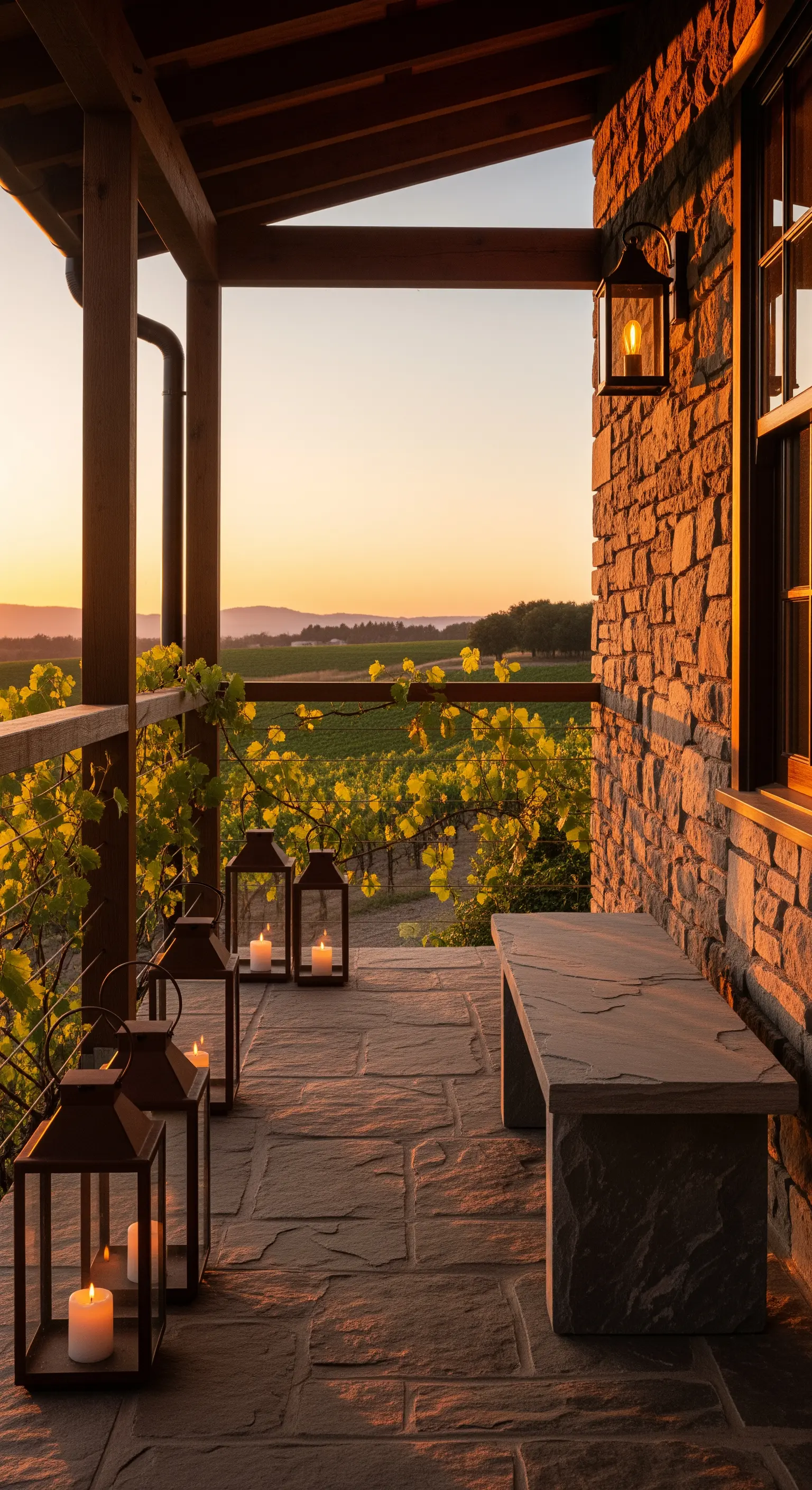 Panca in ardesia su un portico affacciato su un vigneto al tramonto, con lanterne a terra