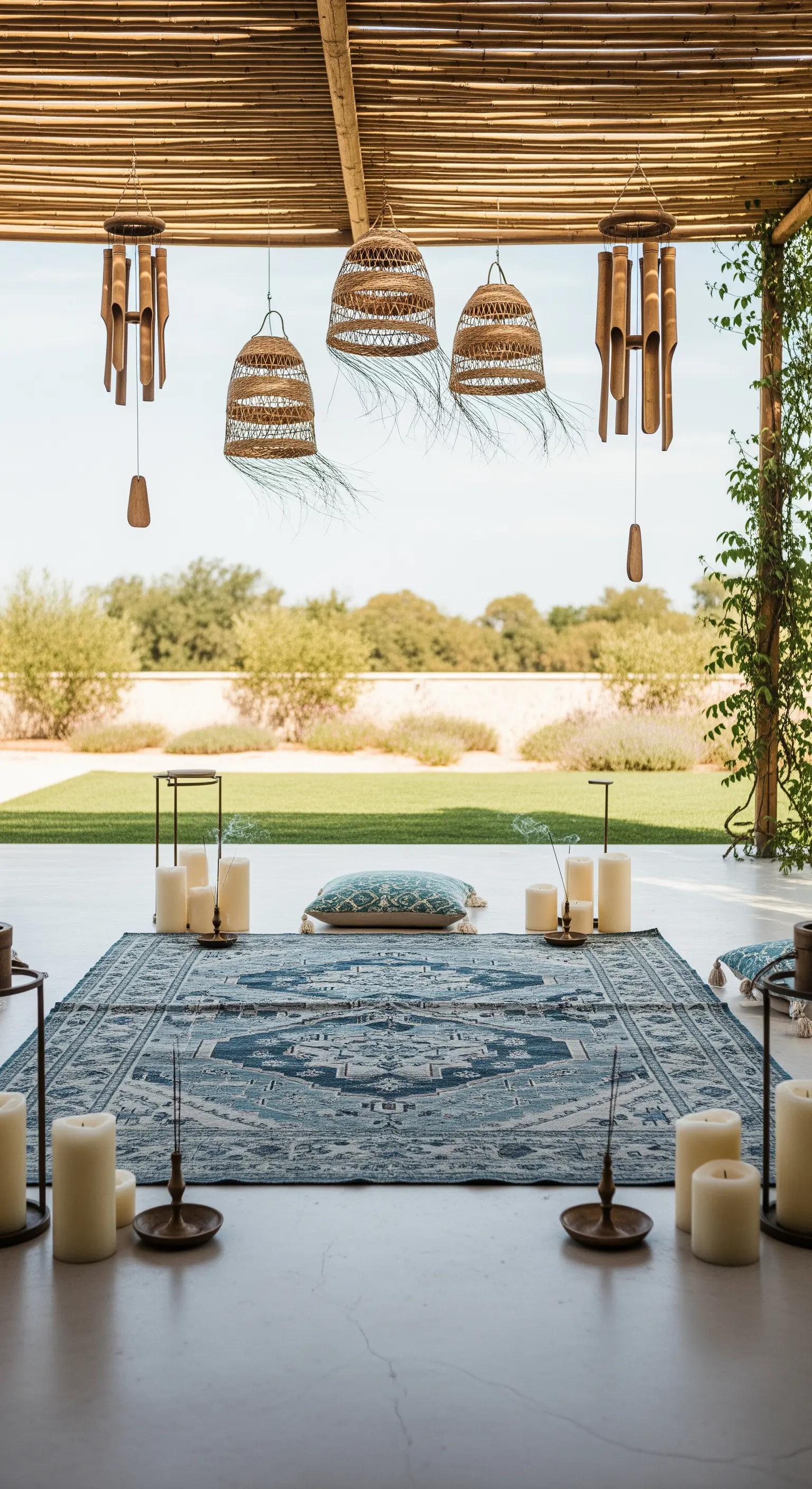 Patio coperto con kilim blu, cuscino da meditazione, candele e lampade in vimini.