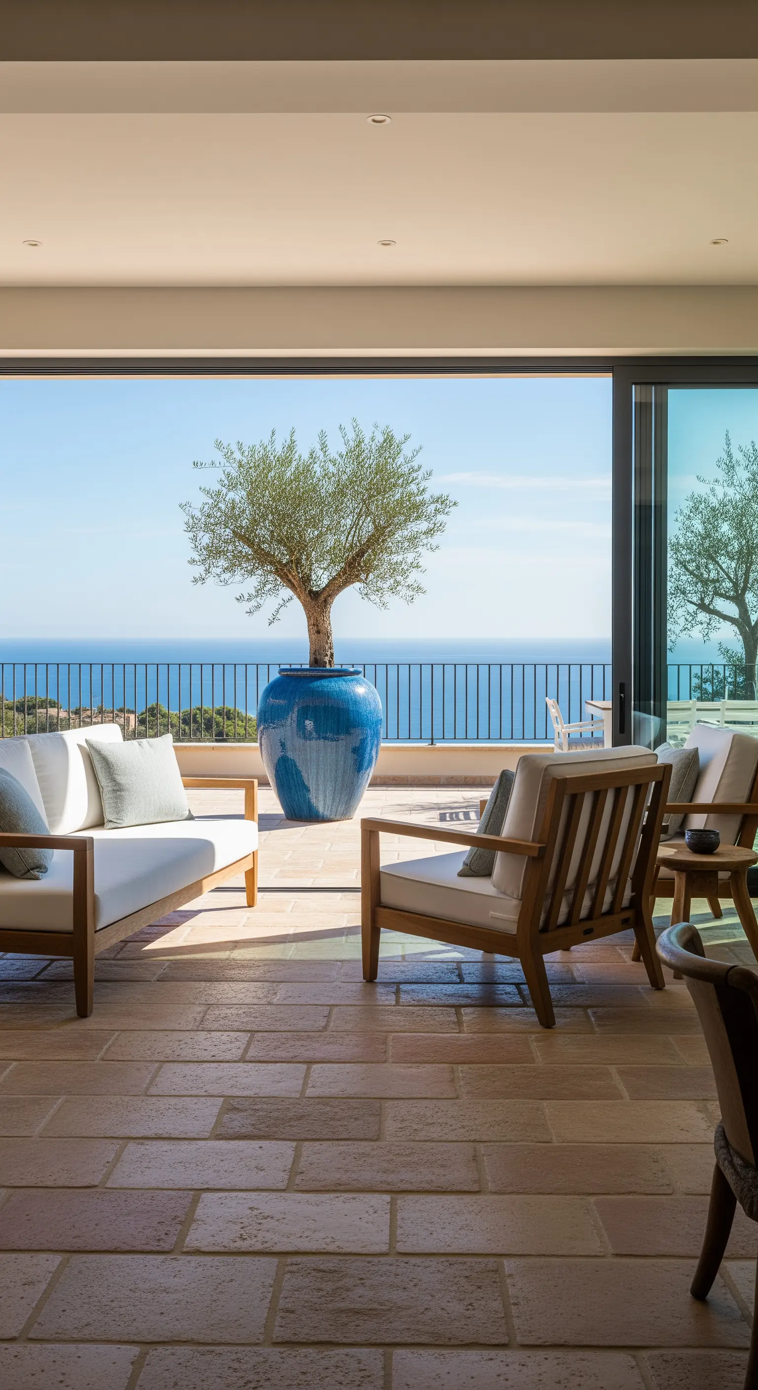 Soggiorno che si apre su una terrazza con vista mare, con un grande vaso blu contenente un ulivo.