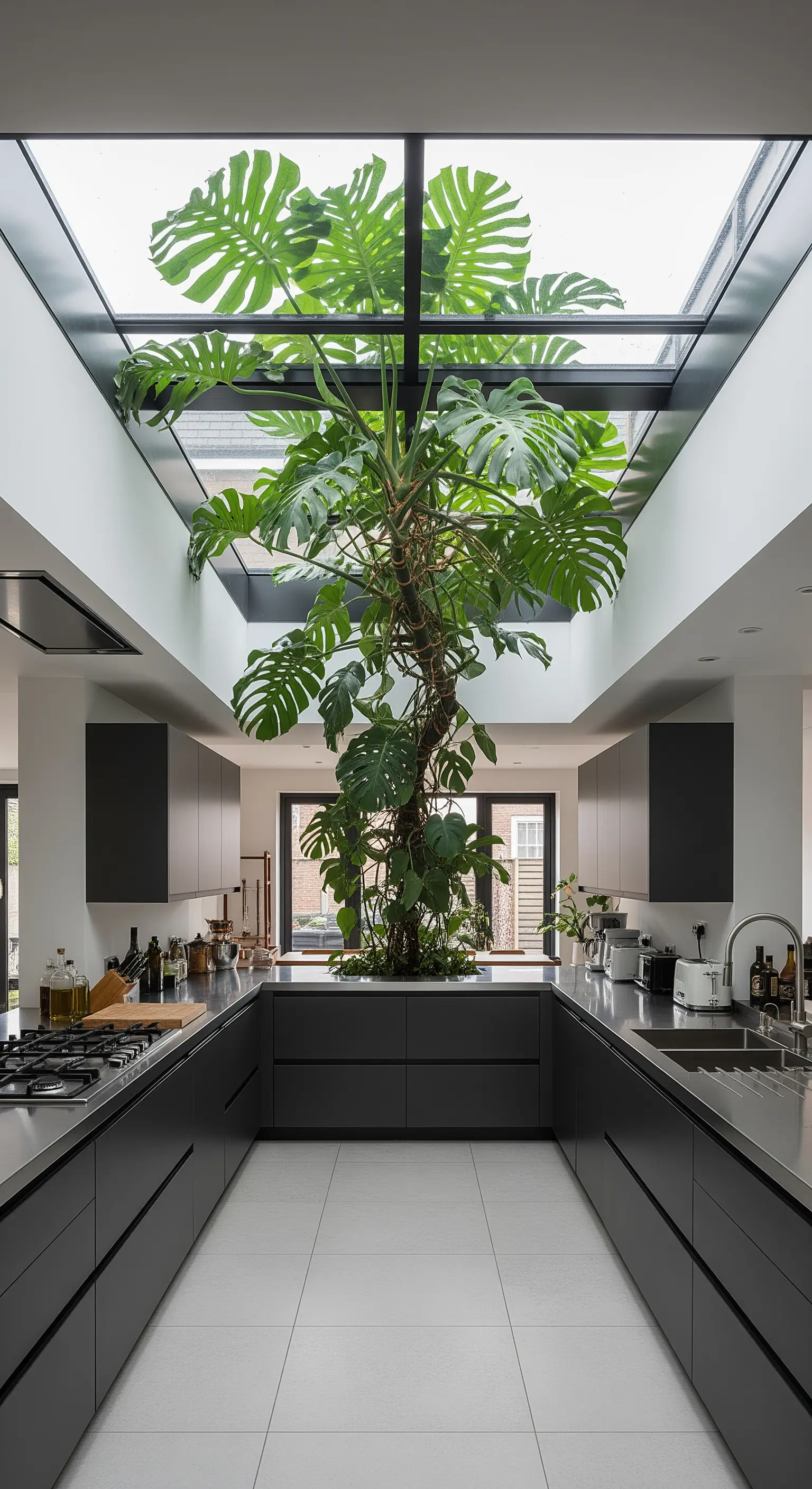 Grande Monstera che cresce al centro di una cucina a U sotto un lucernario.