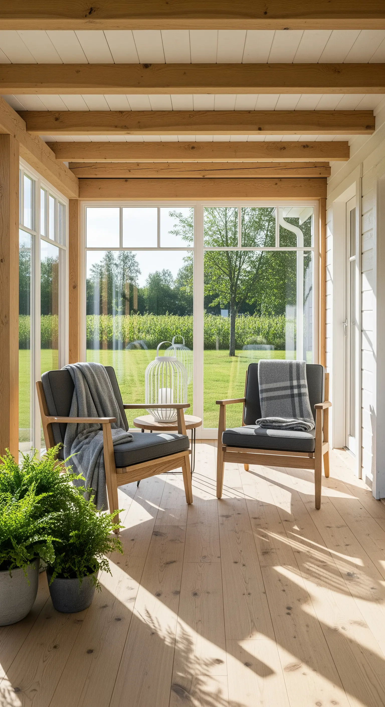 Veranda luminosa con due poltrone in legno e plaid grigi, vista su un prato verde