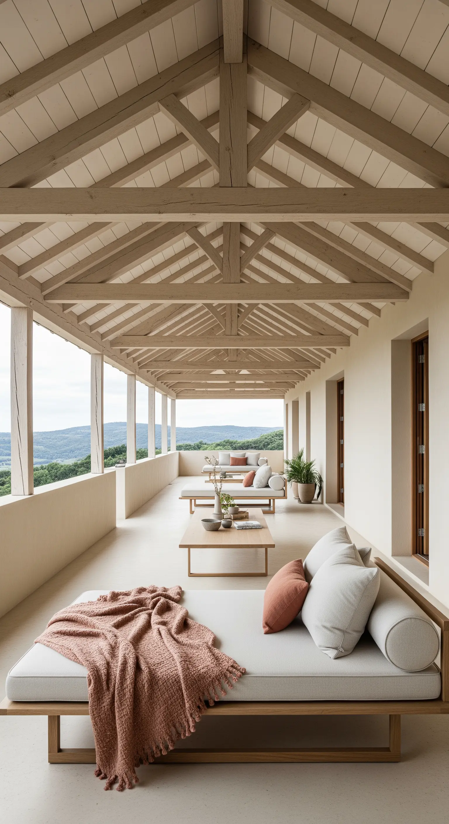 Lunga veranda con travi a vista, divani bassi color sabbia e cuscini terracotta