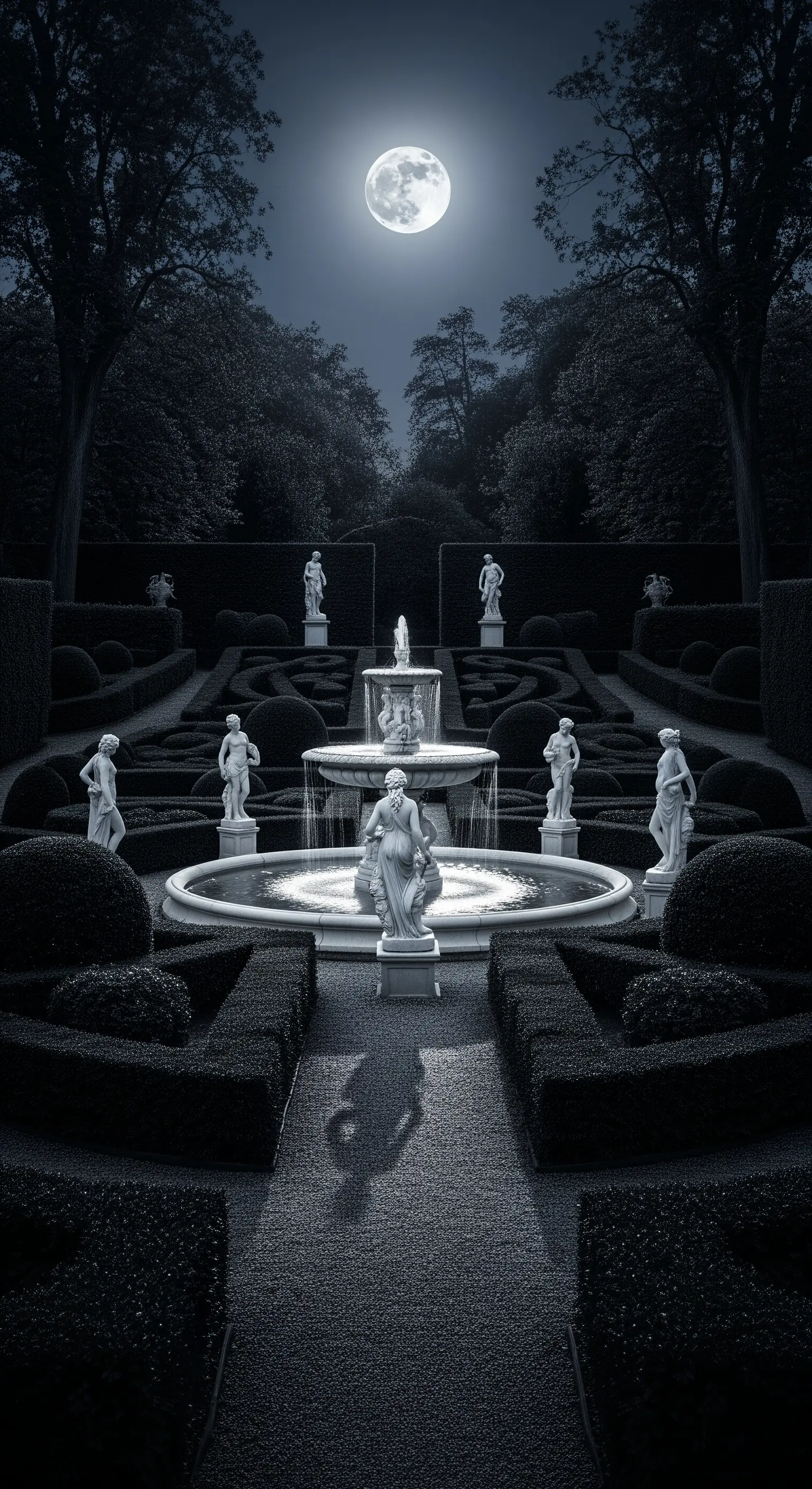 Giardino formale di notte sotto la luna piena, con statue bianche che emergono dall'oscurità
