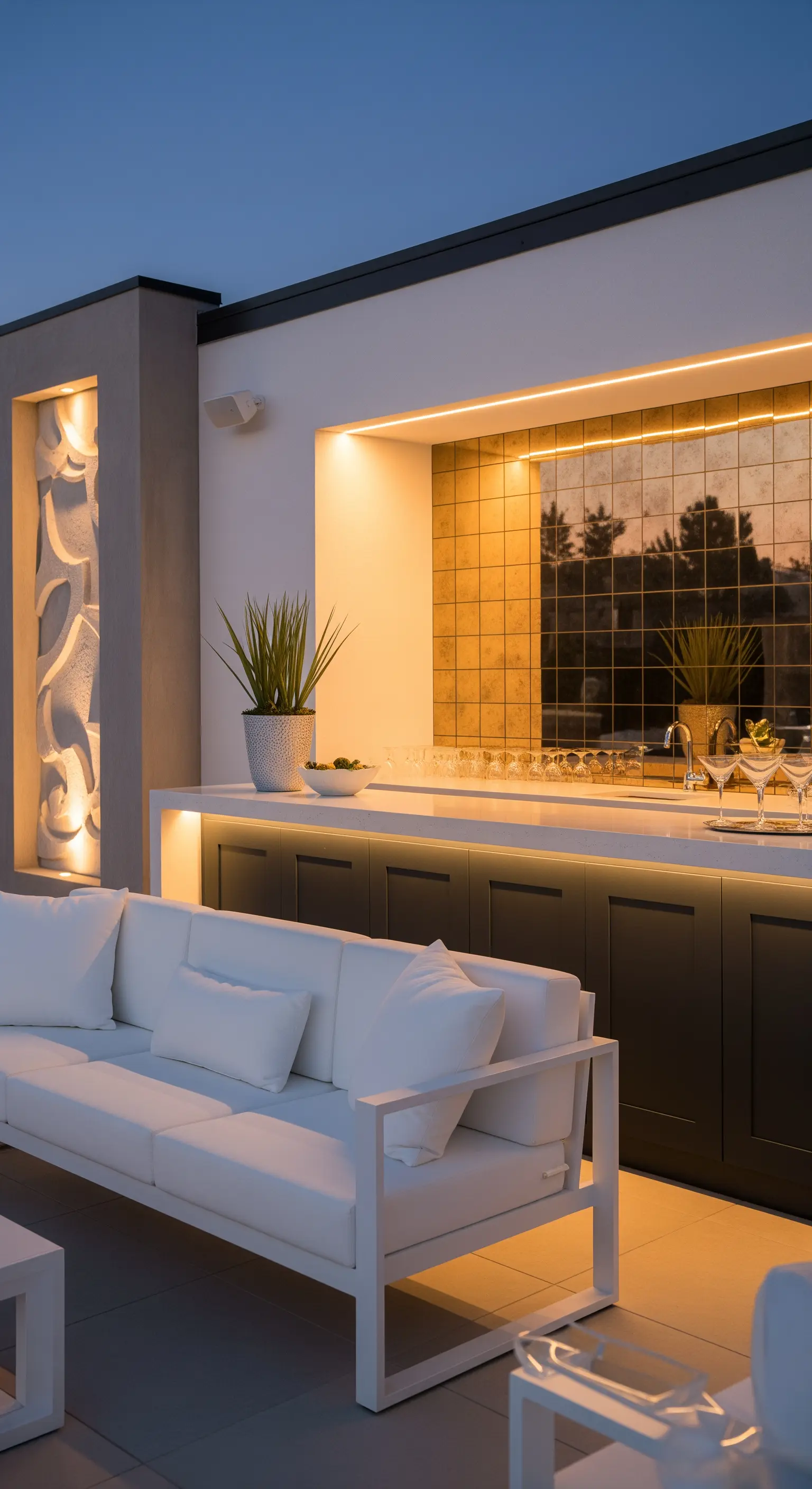 Angolo bar esterno con divano bianco, bancone e un backsplash a specchio anticato illuminato