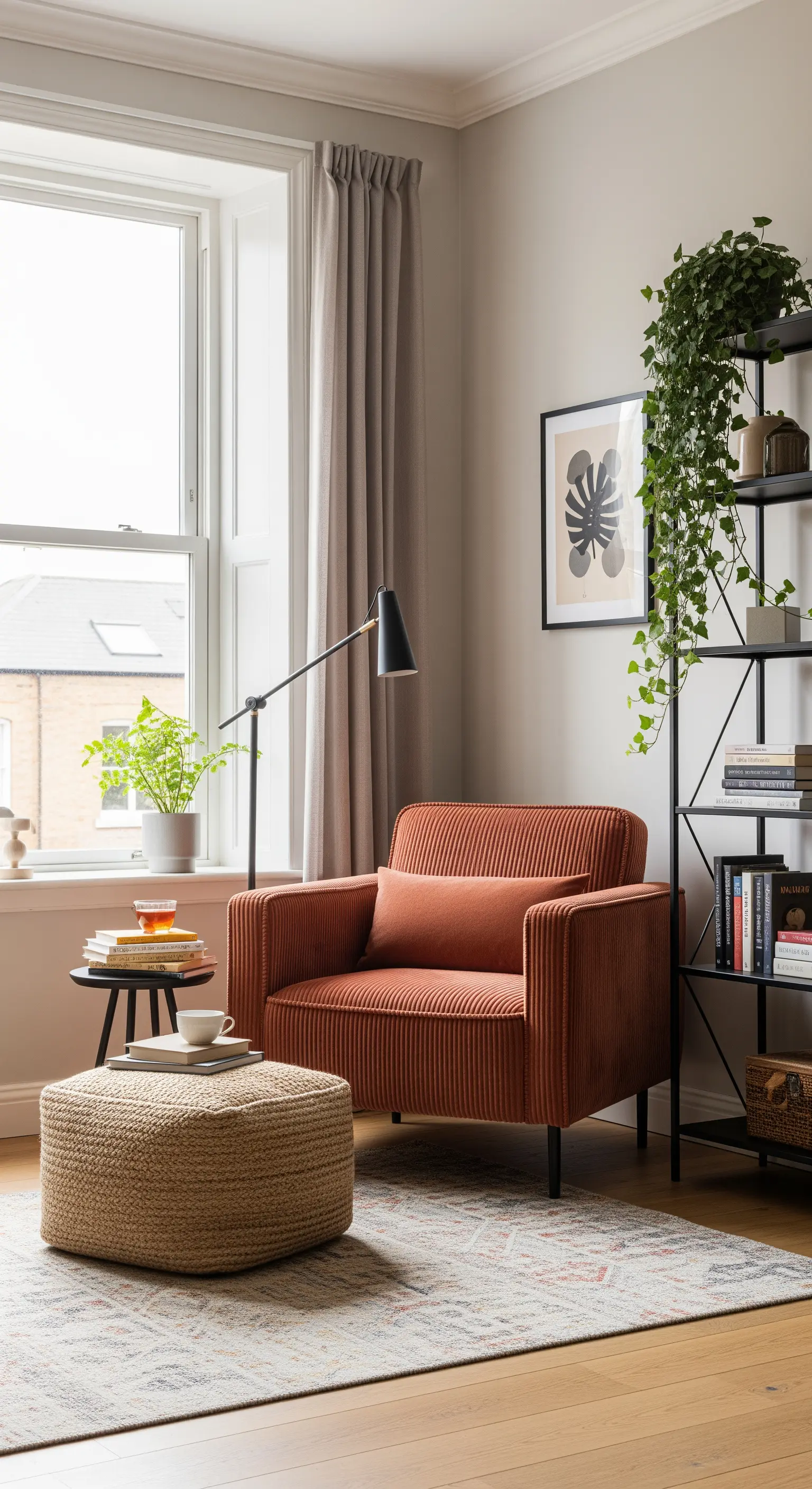 Angolo lettura con poltrona in velluto a coste terracotta, pouf in iuta e libreria in metallo