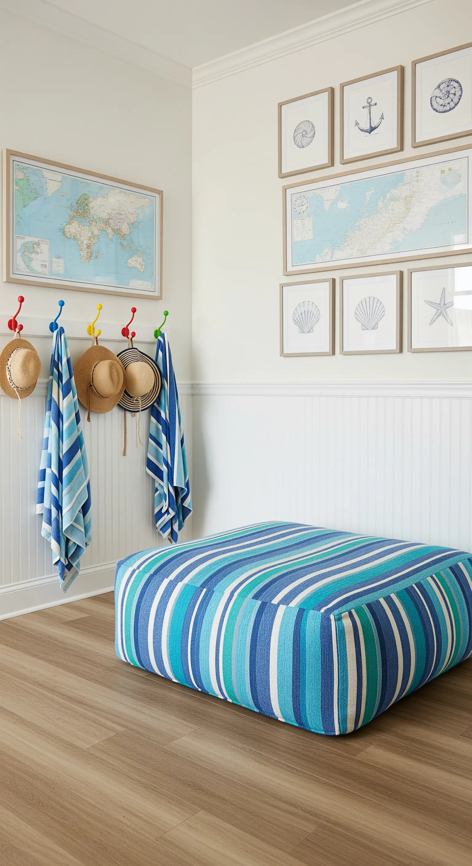 Ingresso per famiglie con ganci colorati, mappe nautiche e grande pouf a righe.