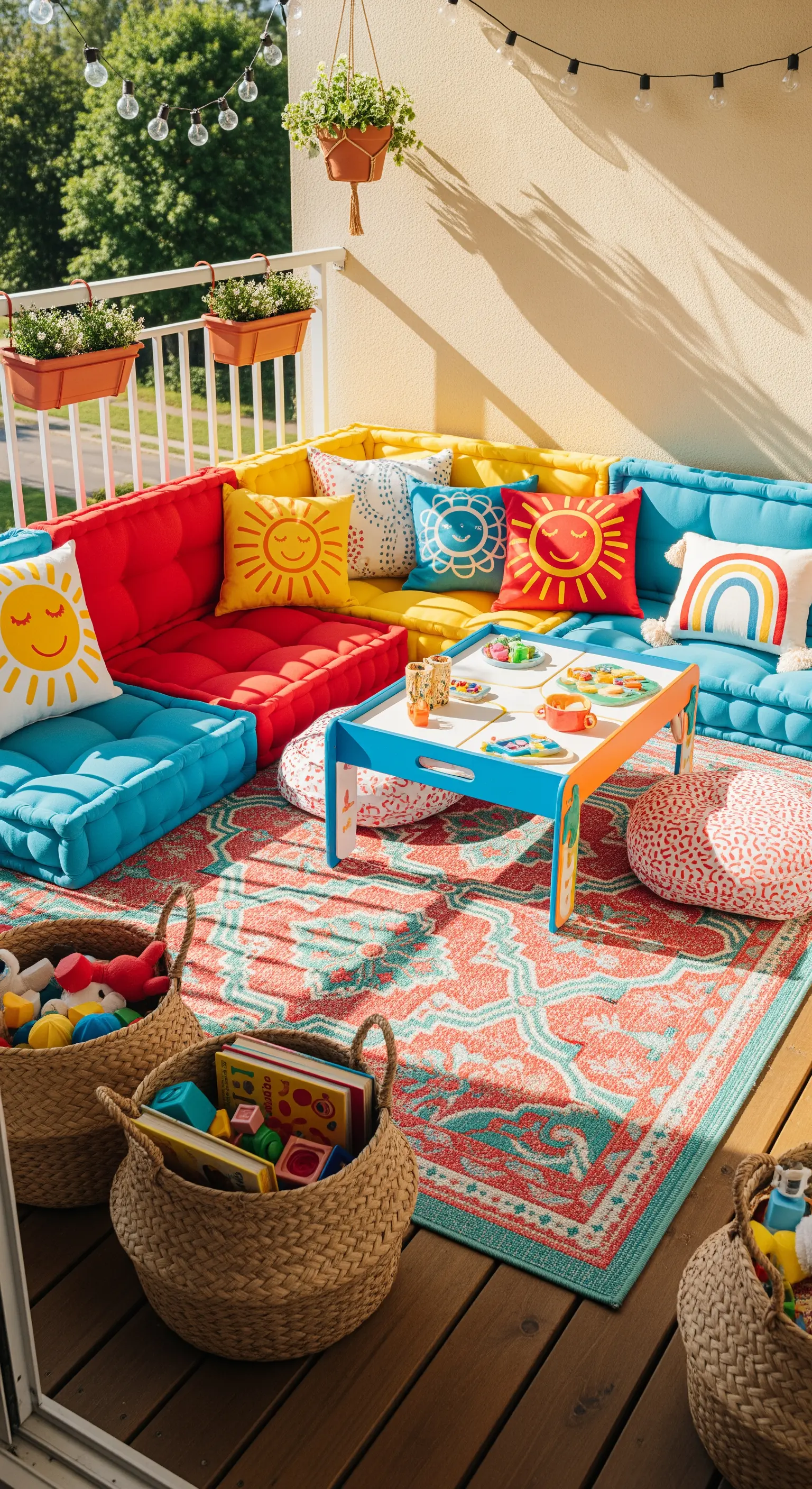 Balcone colorato allestito come area giochi per bambini con cuscini, un tappeto vivace e cesti.