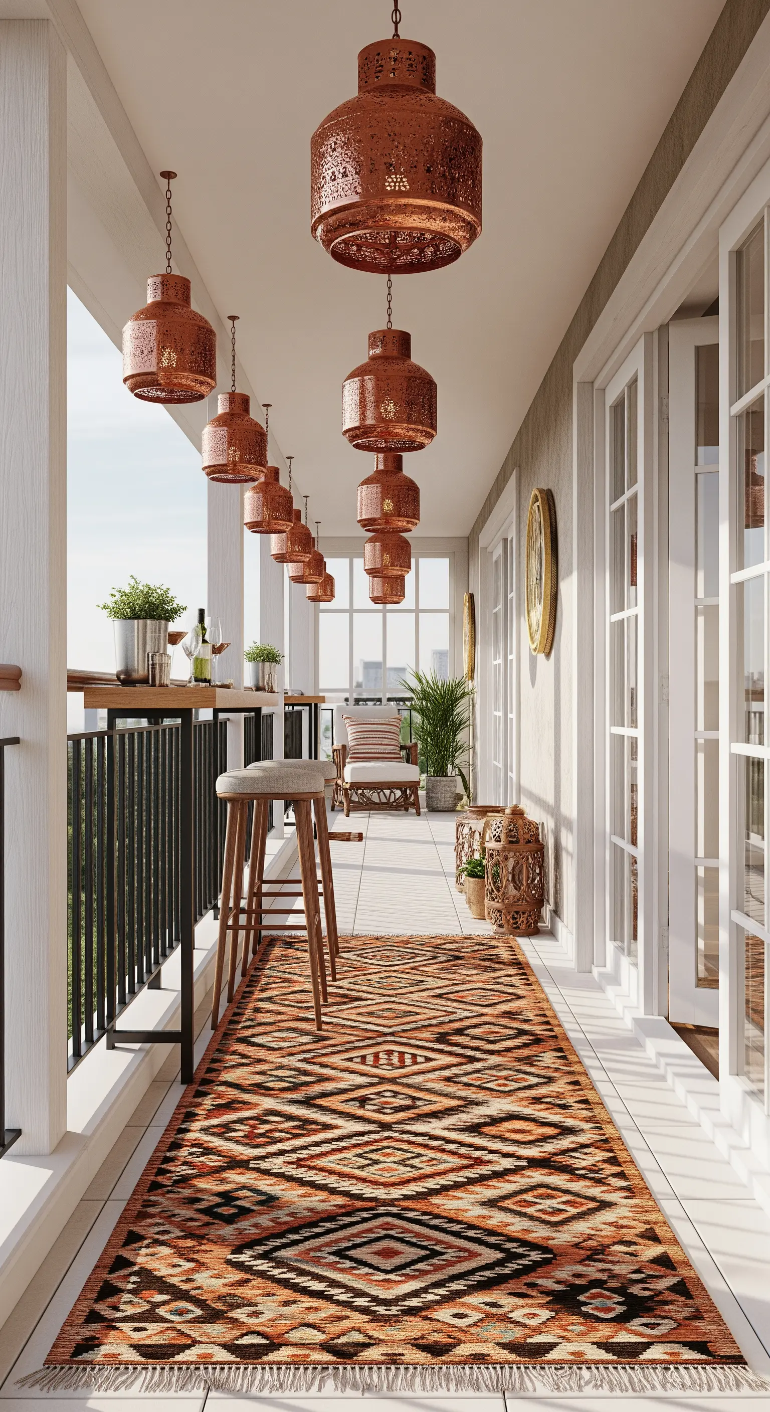 Balcone lungo con bancone bar sulla ringhiera, kilim e lanterne in rame sospese.