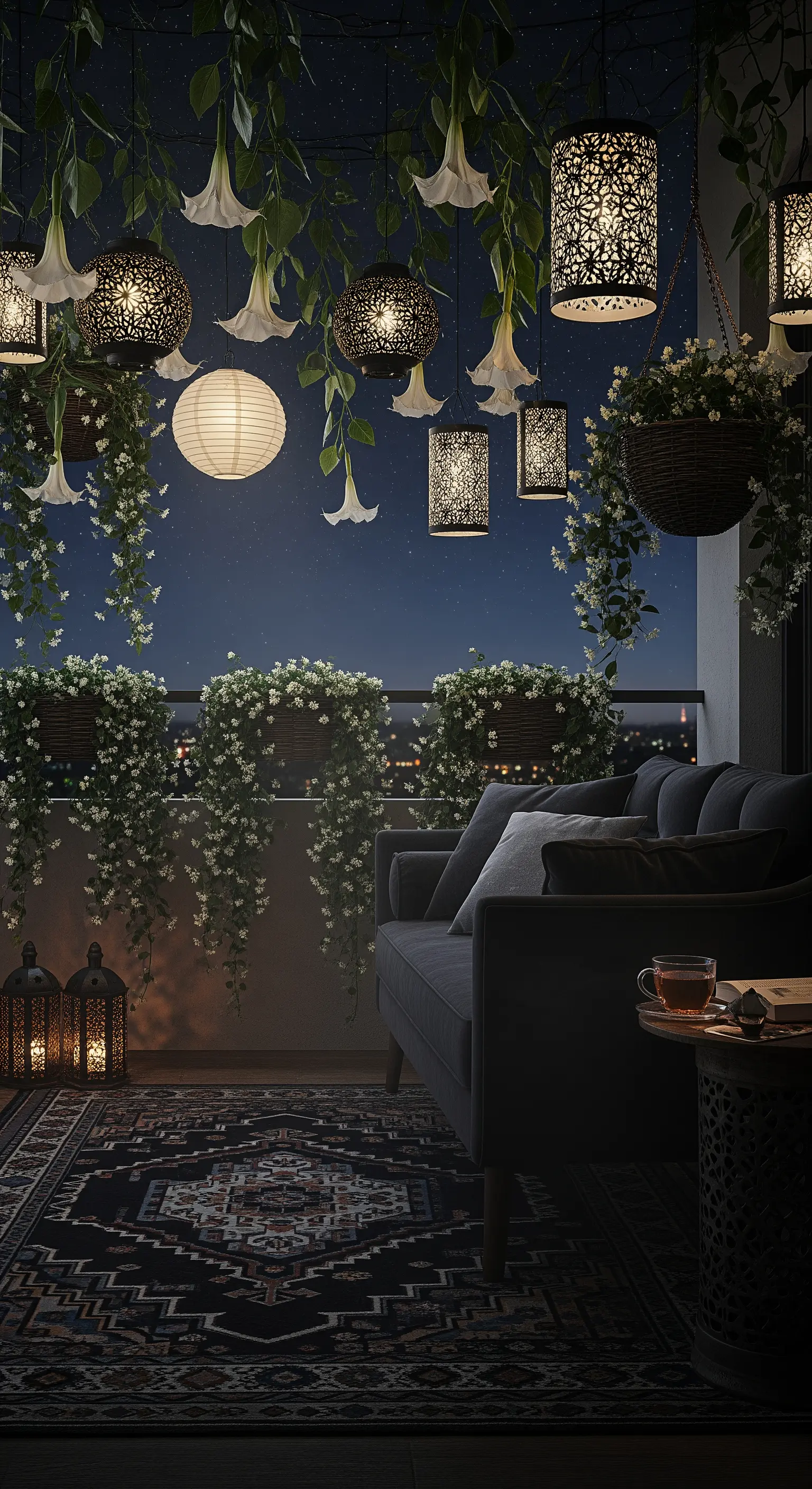 Balcone notturno con divano scuro, lanterne traforate e fiori bianchi luminosi.