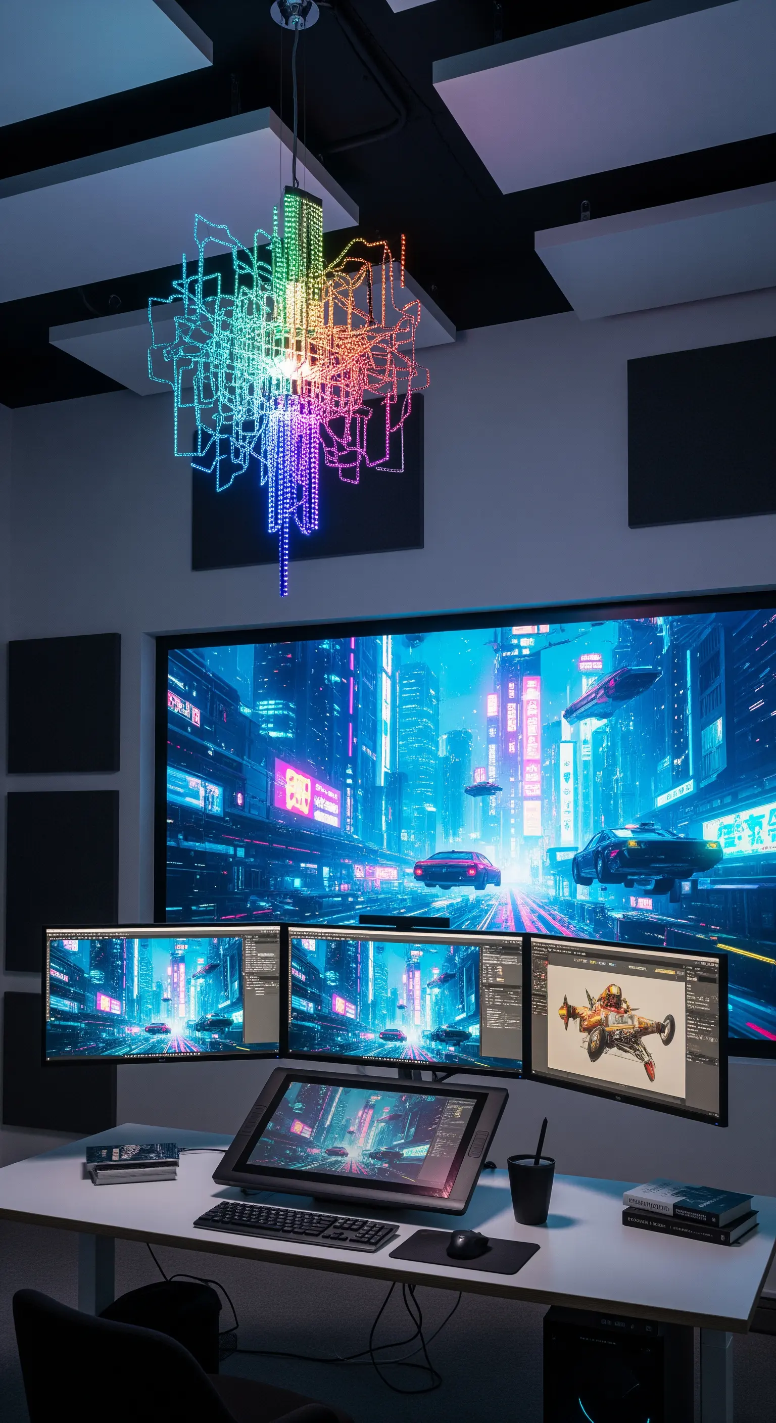 Studio di un game designer con postazione multi-monitor e lampadario a LED colorati a forma di pixel.