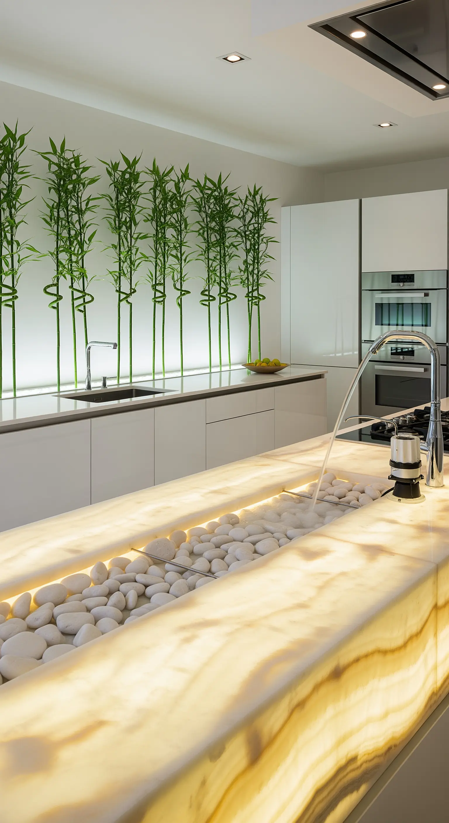 Isola cucina in onice retroilluminato con canale d'acqua e ciottoli bianchi.