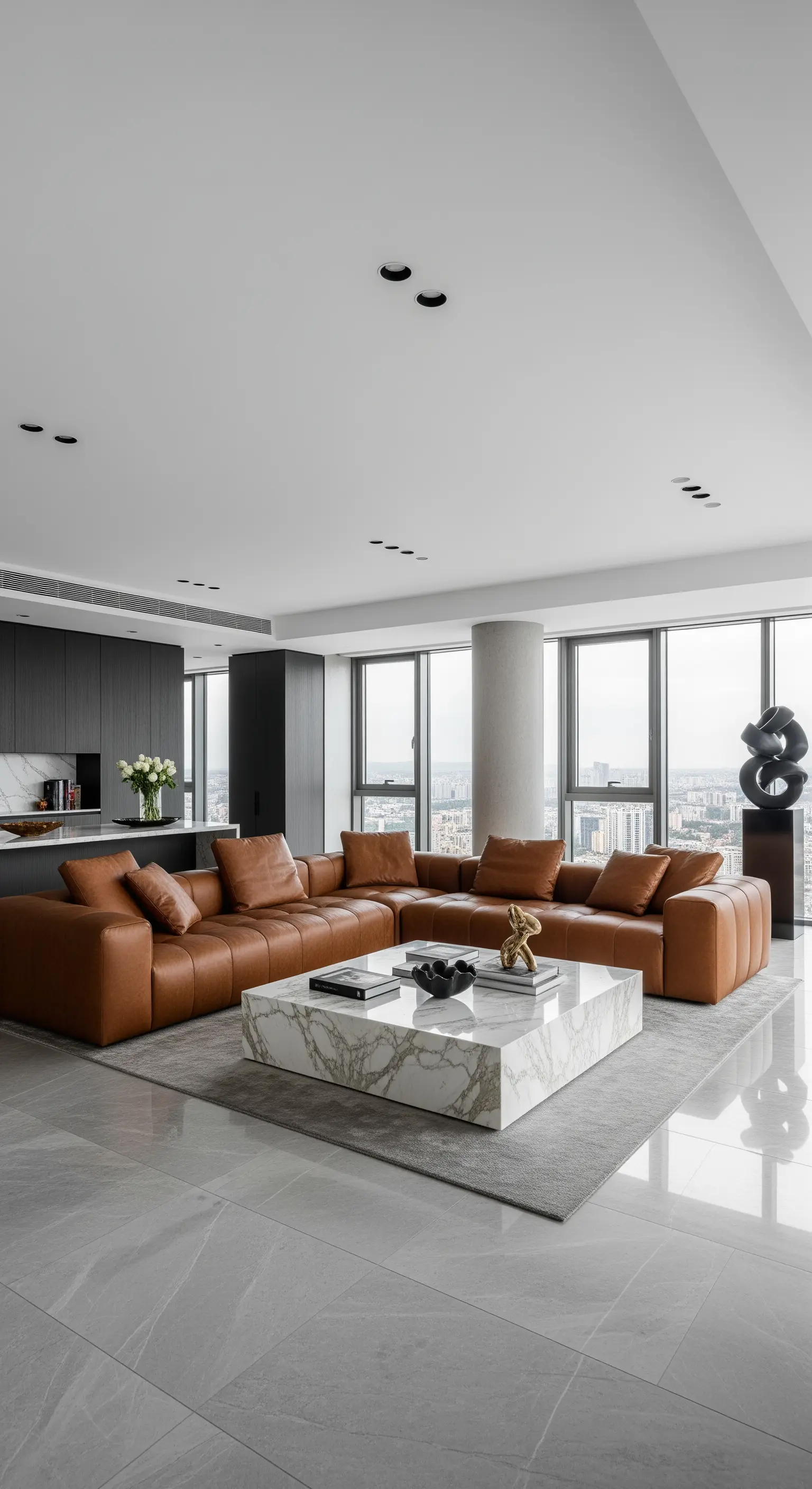 Appartamento moderno con divano componibile in pelle e grande tavolino in marmo a blocco.