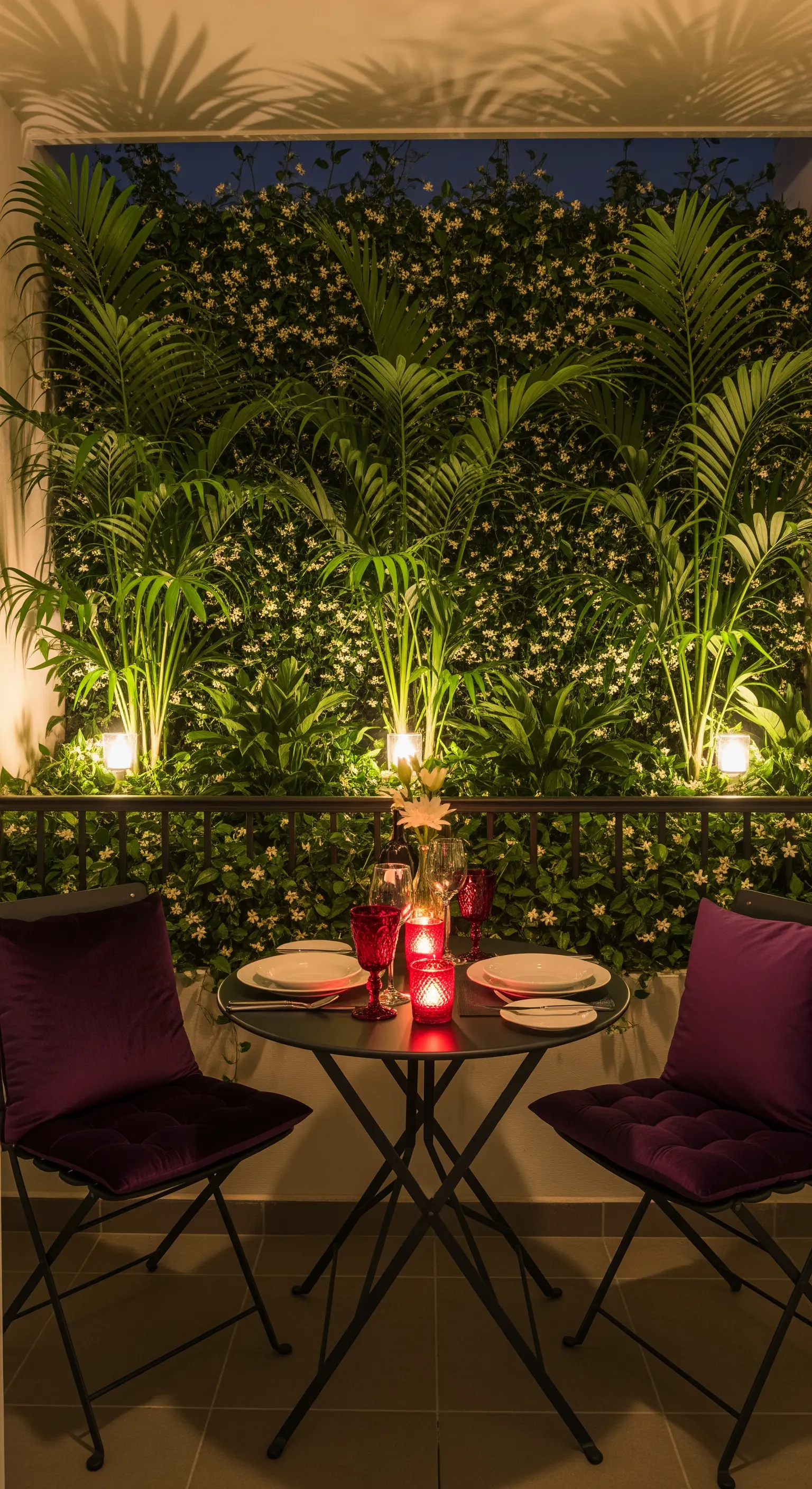 Tavolo da pranzo per due davanti a una parete verde illuminata dal basso da faretti.
