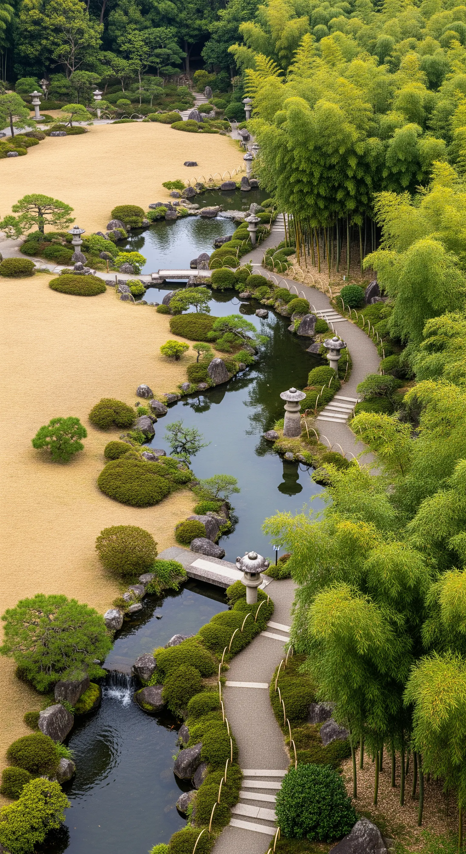 Vista aerea di un ampio giardino giapponese con sentieri, laghetto e bambù.