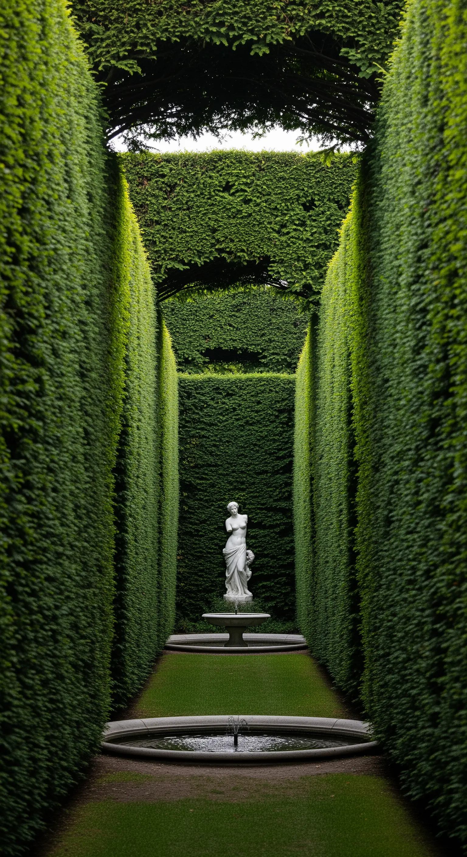 Stretta prospettiva di un sentiero erboso tra altissime siepi che conduce a una statua di Venere