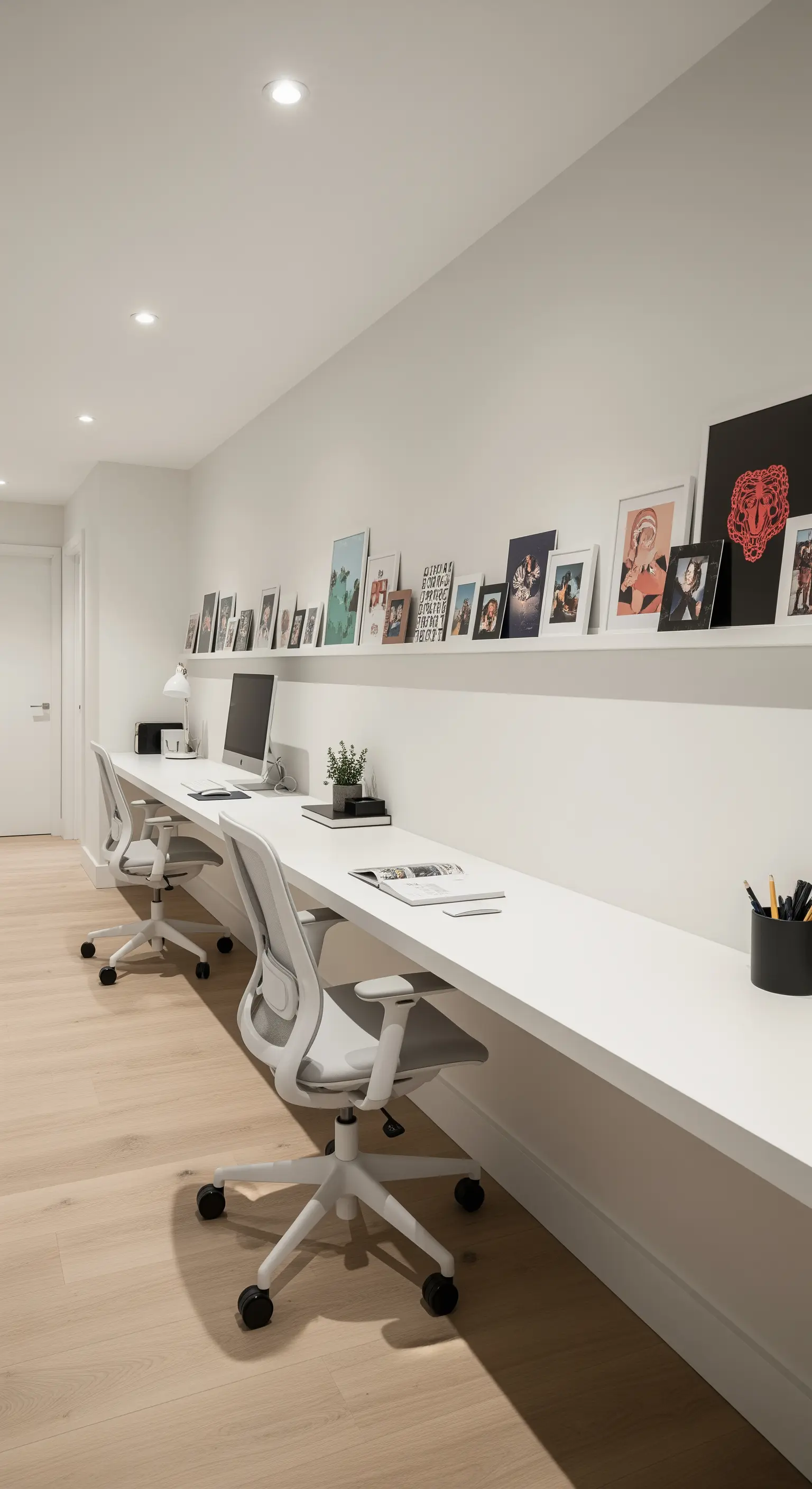 Lunga scrivania bianca sospesa a parete per due persone, con sedie ergonomiche e una mensola per quadri.