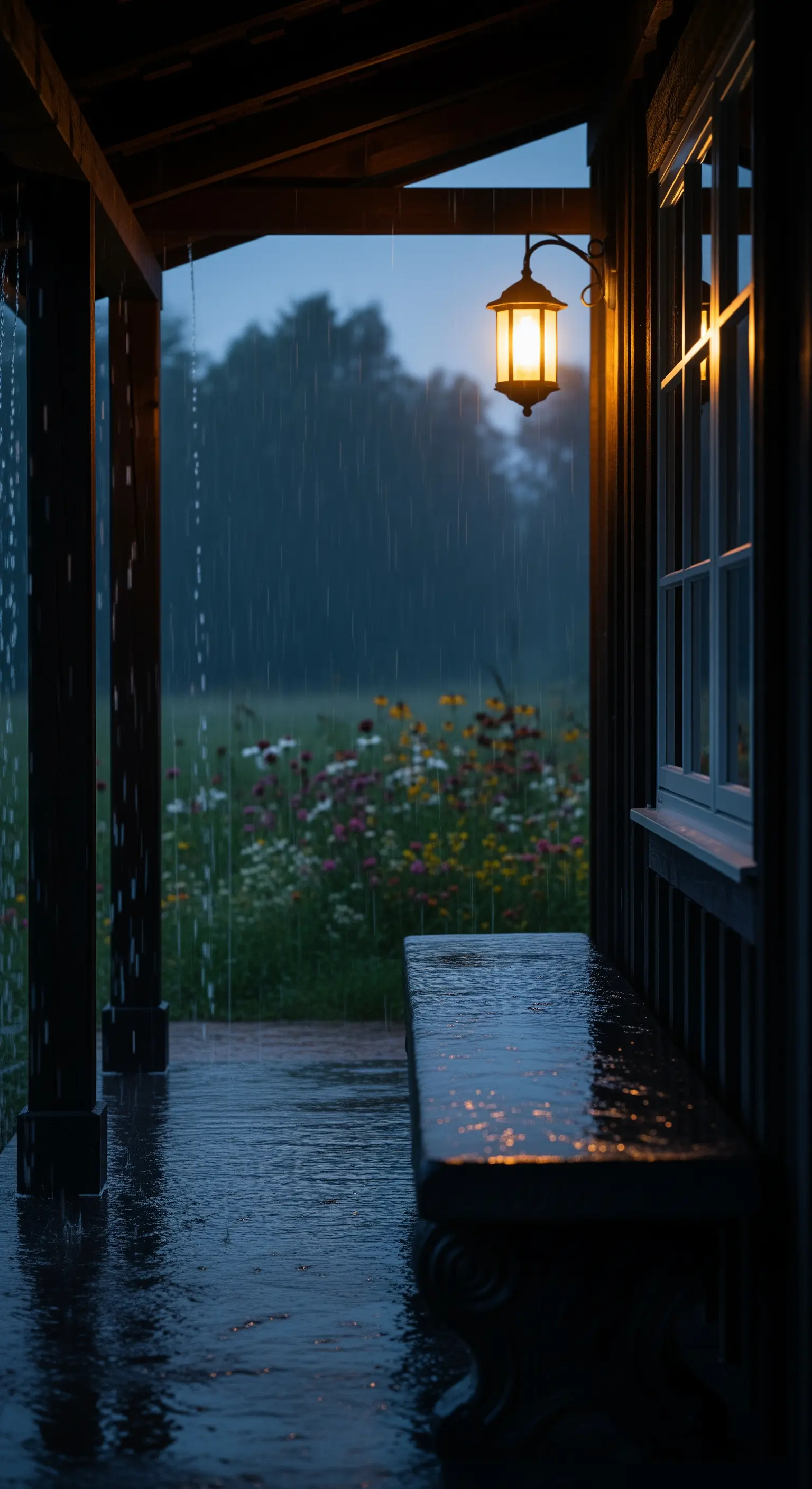 Panca in legno scuro su un portico durante un acquazzone, illuminata da una singola lanterna