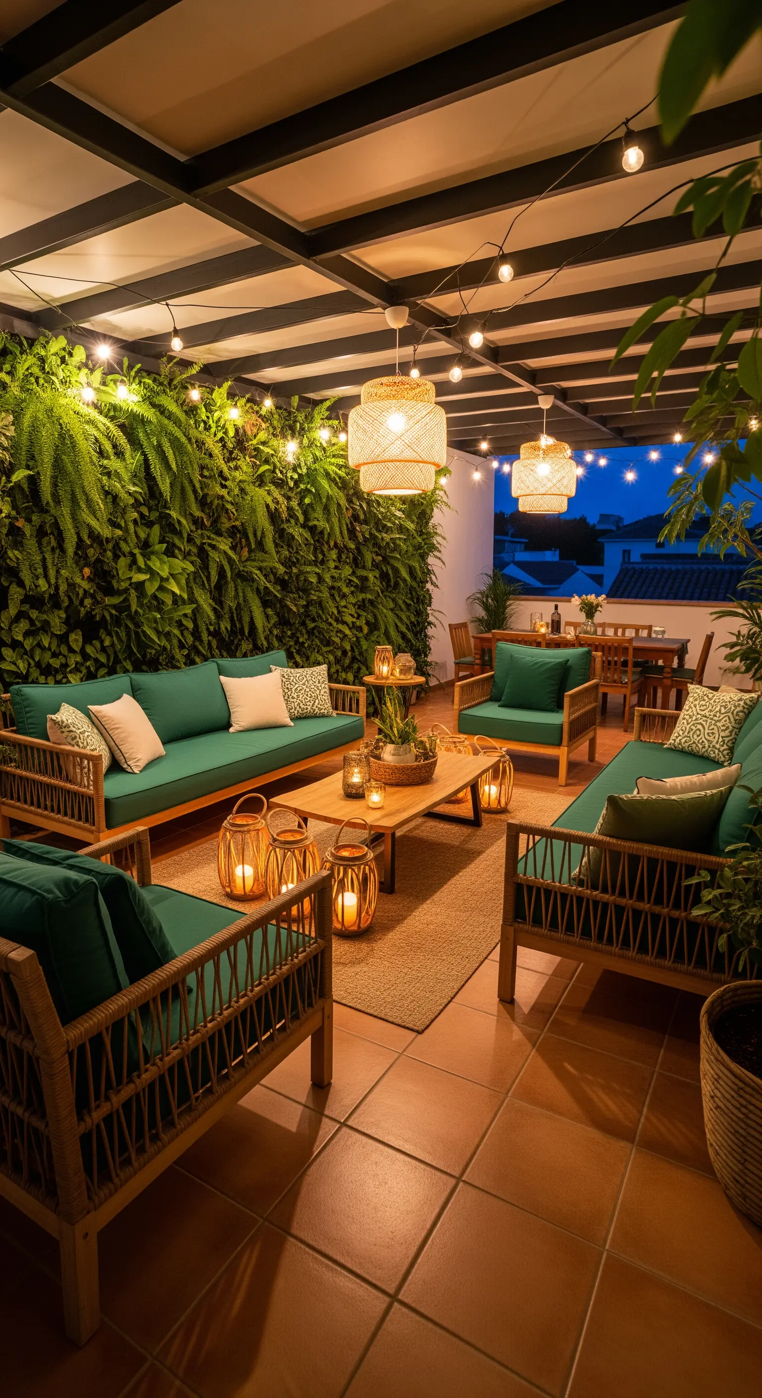 Patio serale con arredi in legno e cuscini verdi, illuminato da lanterne e lucine.
