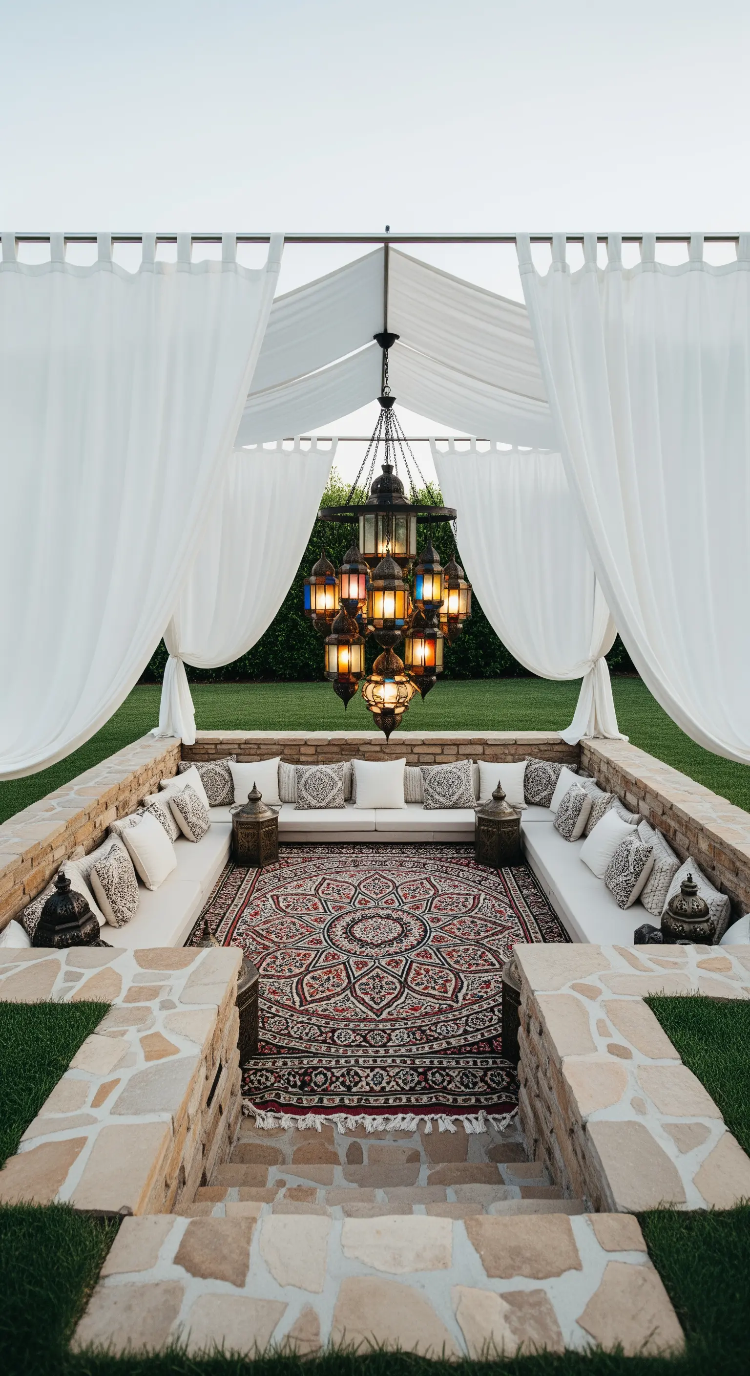 Salotto esterno incassato con sedute in muratura, un grande tappeto e un lampadario di lanterne