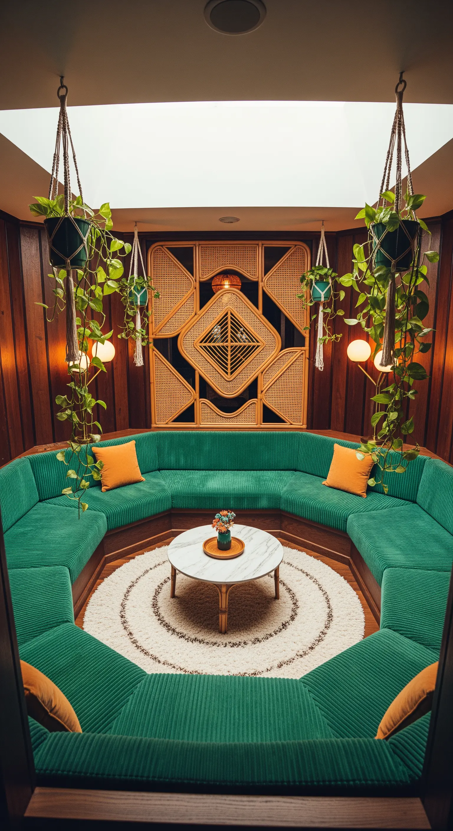 Conversation pit con divano angolare su misura in velluto a coste verde e pareti in legno.