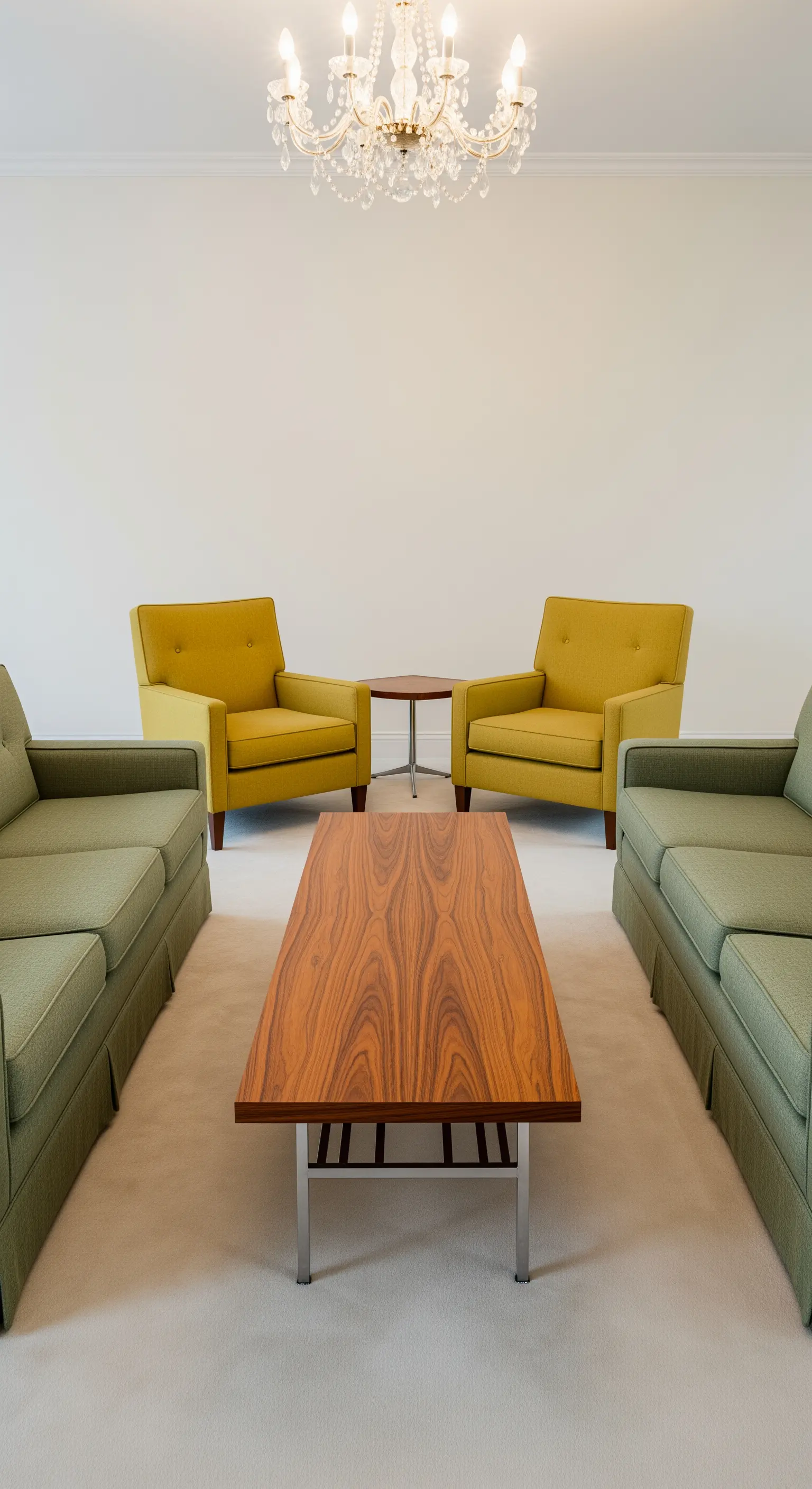 Salotto formale con due divani verdi, due poltrone senape e un tavolino in legno al centro.