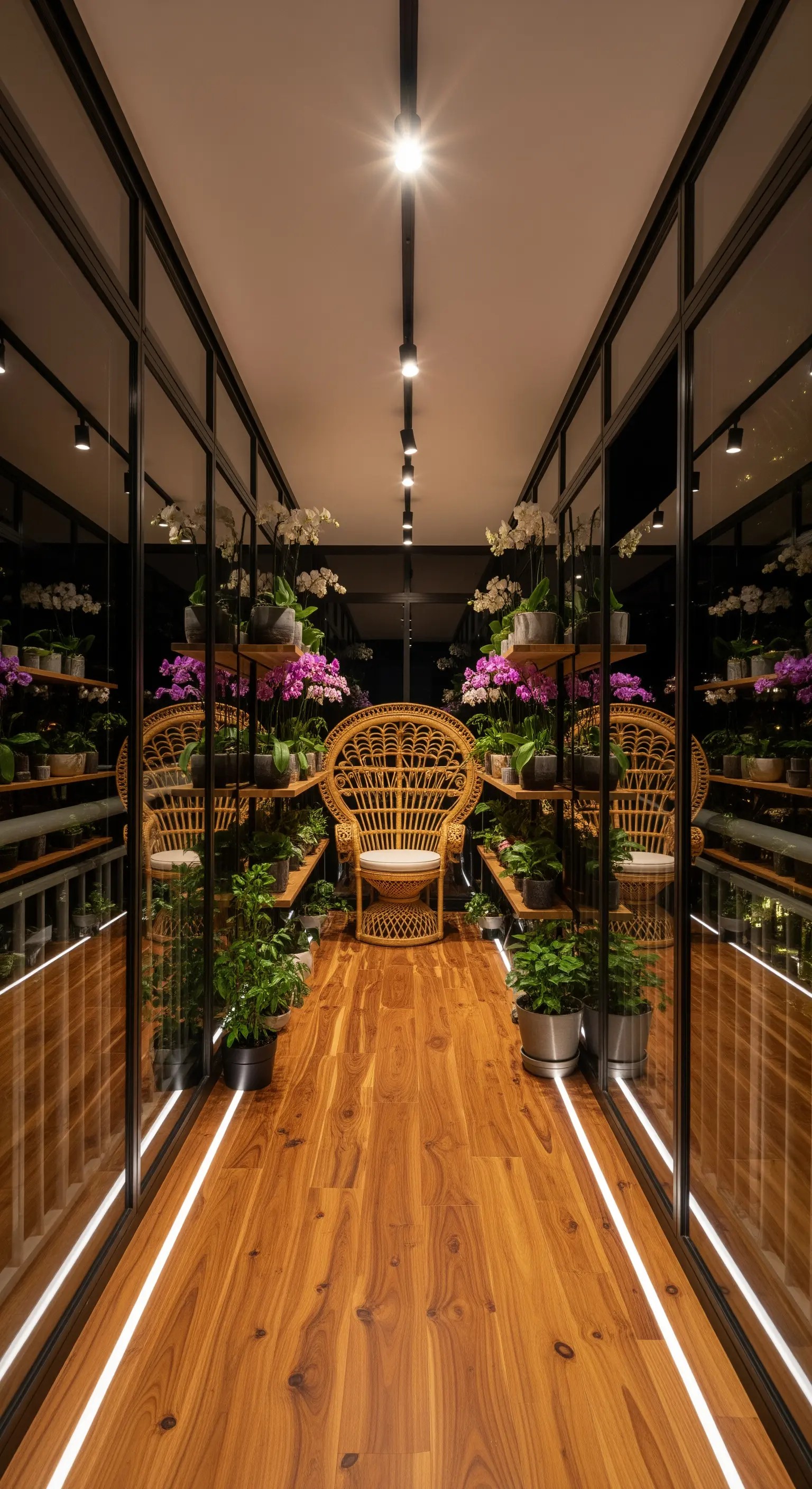 Balcone a vetri trasformato in serra con pavimento in legno e orchidee su mensole