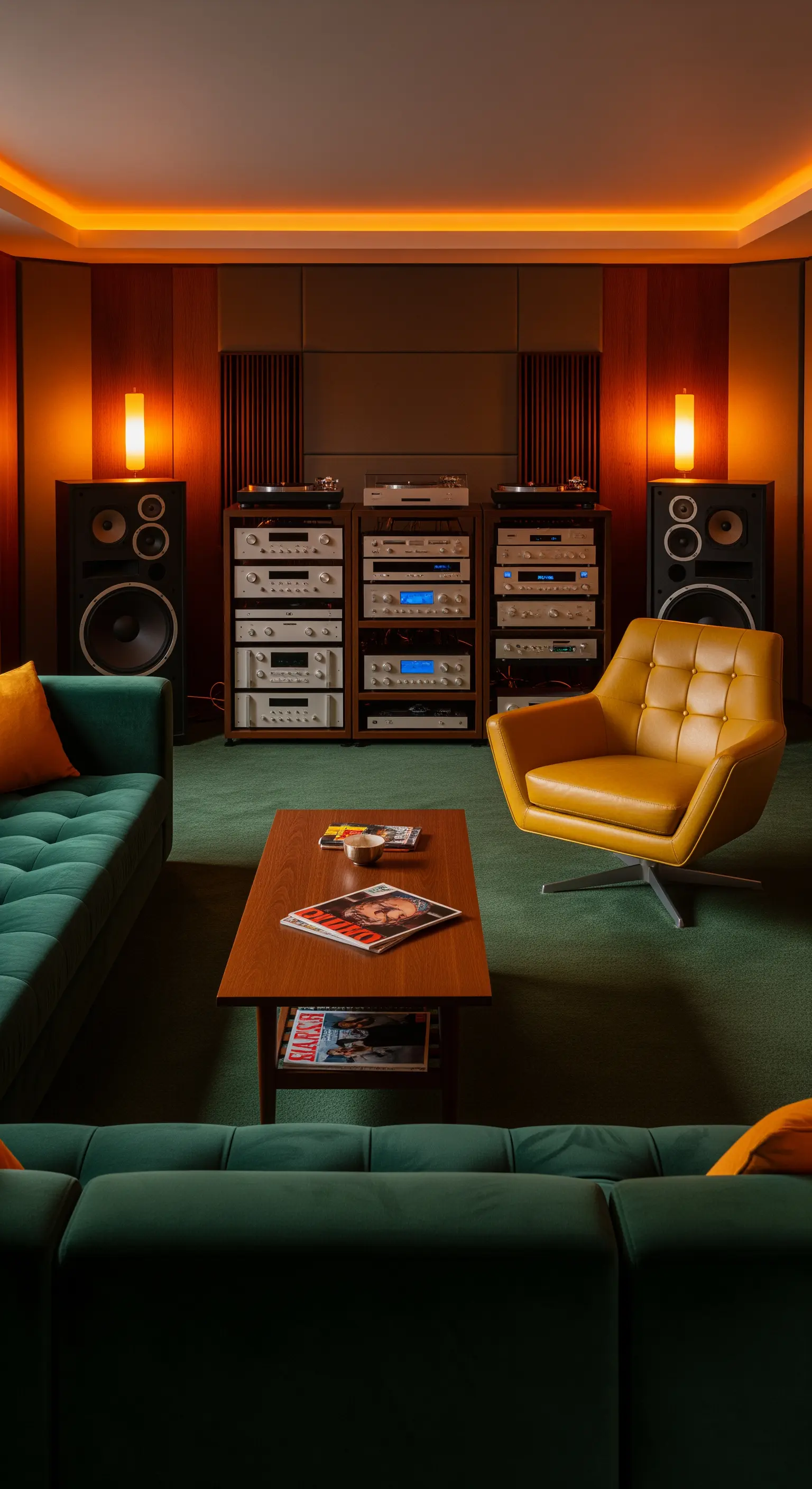 Stanza per la musica con impianto stereo vintage, divano verde e poltrona girevole in pelle senape.