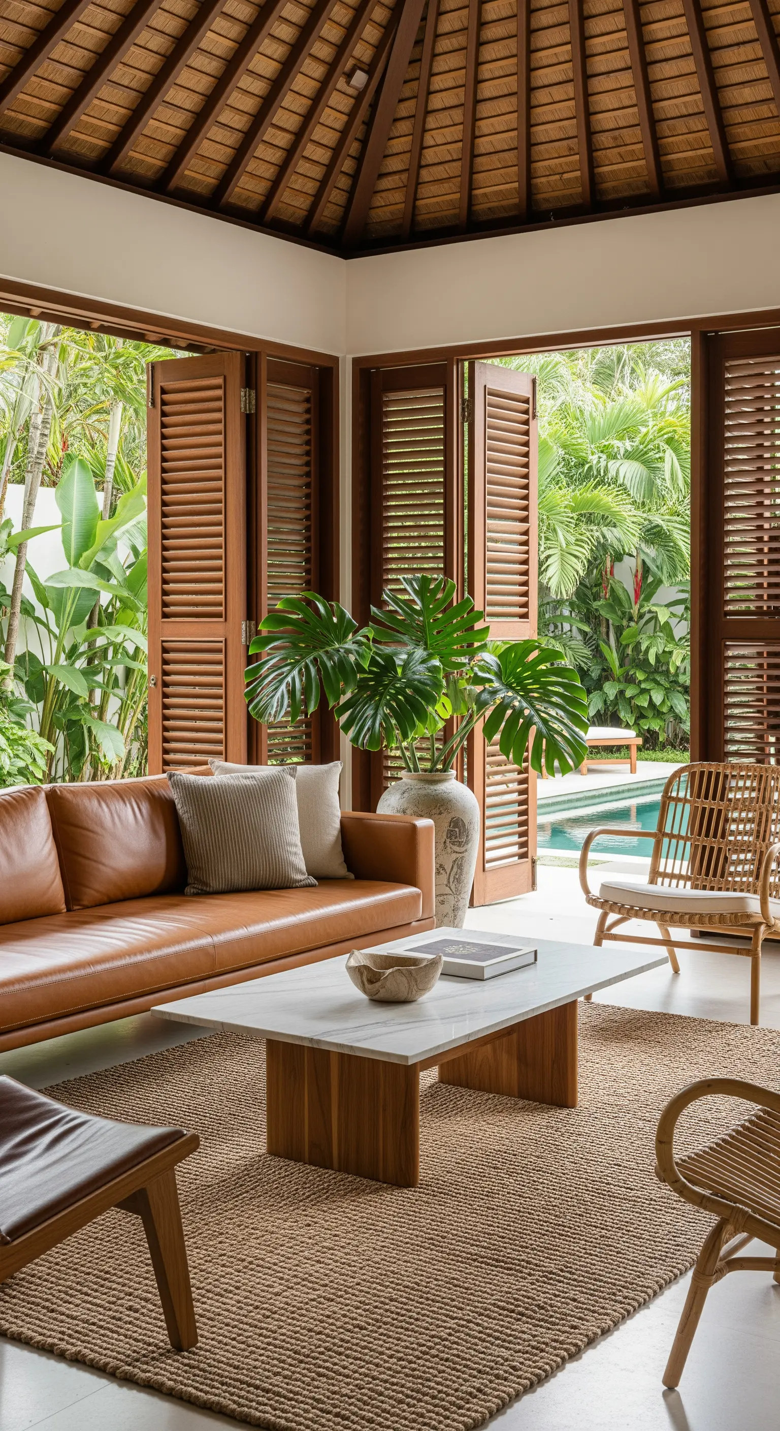 Soggiorno tropicale aperto su un giardino con piscina, con divano in pelle e arredi in rattan.
