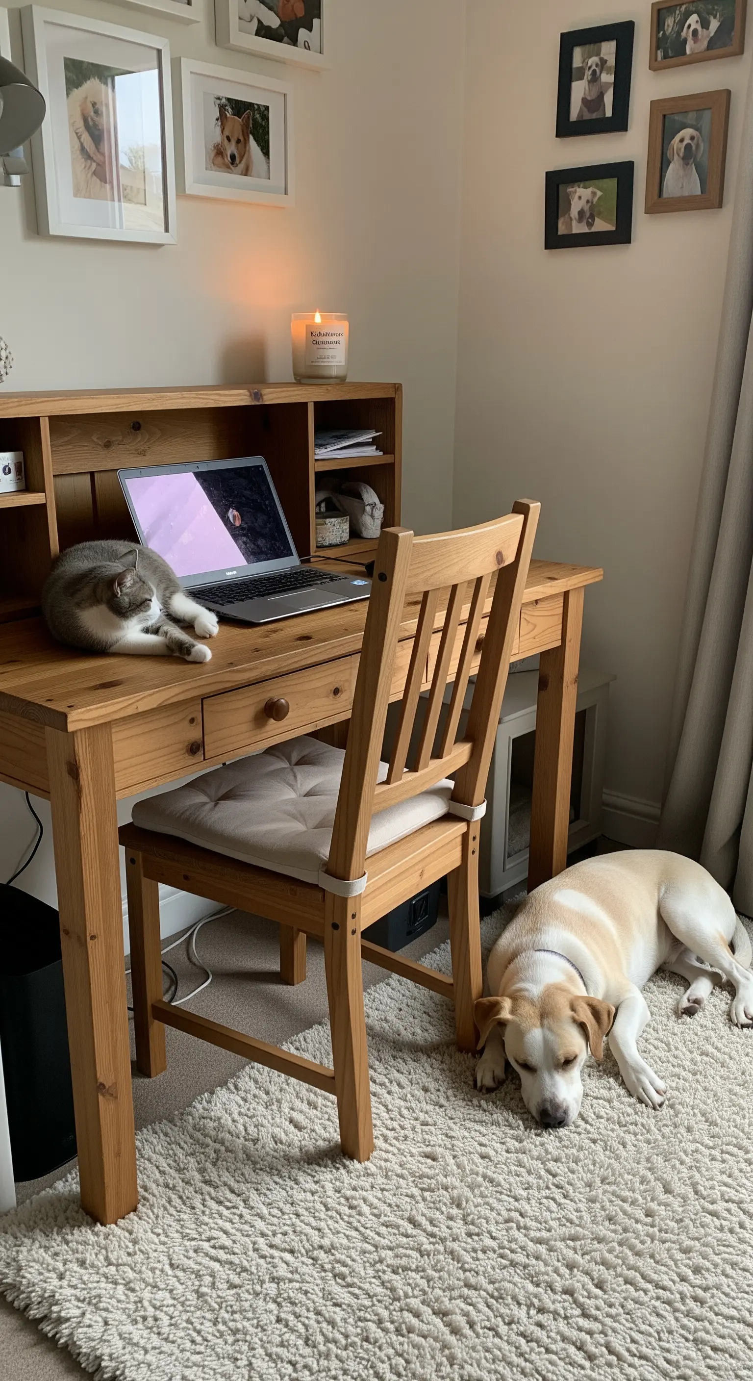 Scrivania semplice in legno di pino con un tappeto color crema, cane e gatto nelle vicinanze.