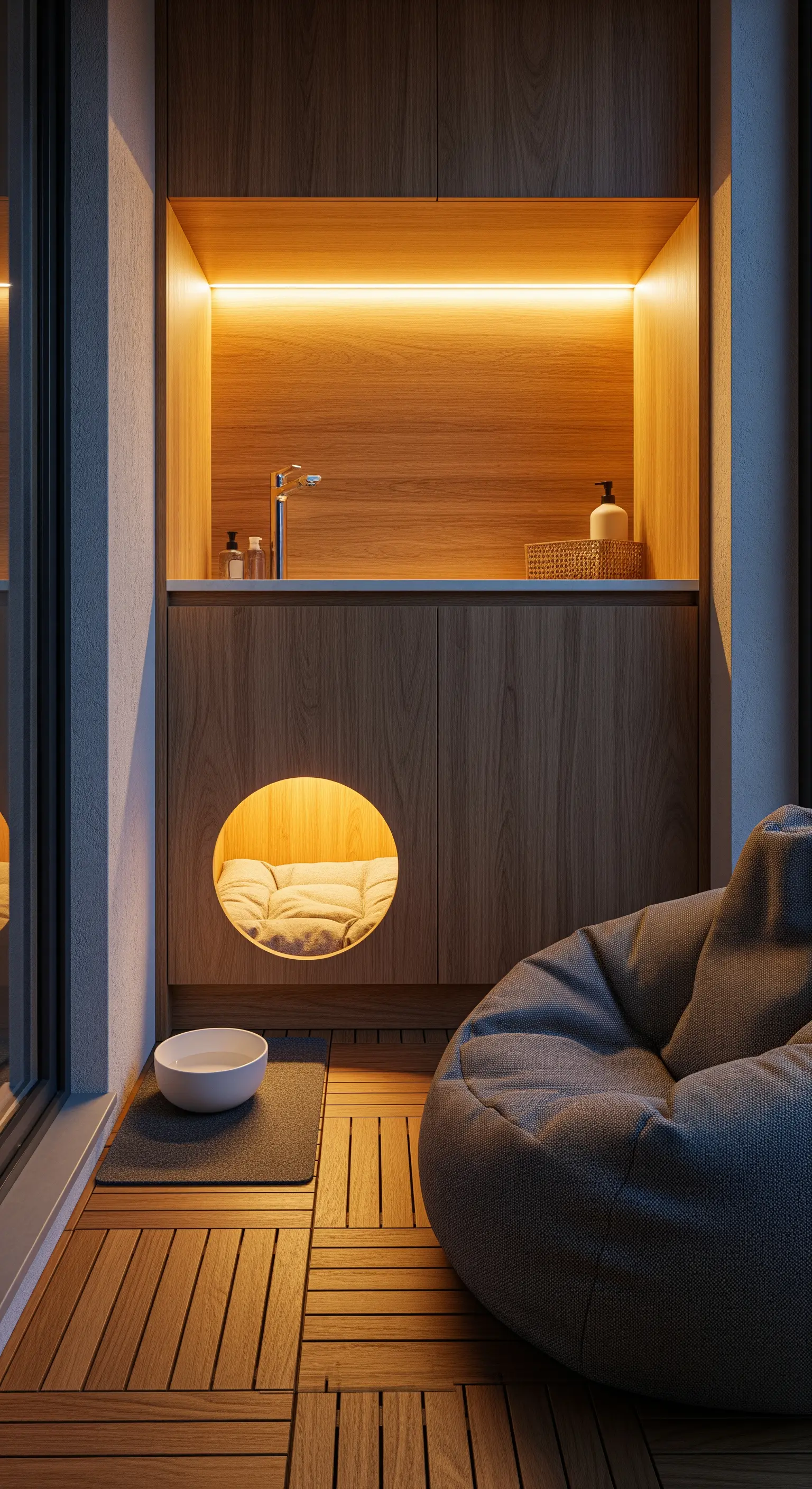 Mobile in legno su misura con cuccia per gatto illuminata e integrata