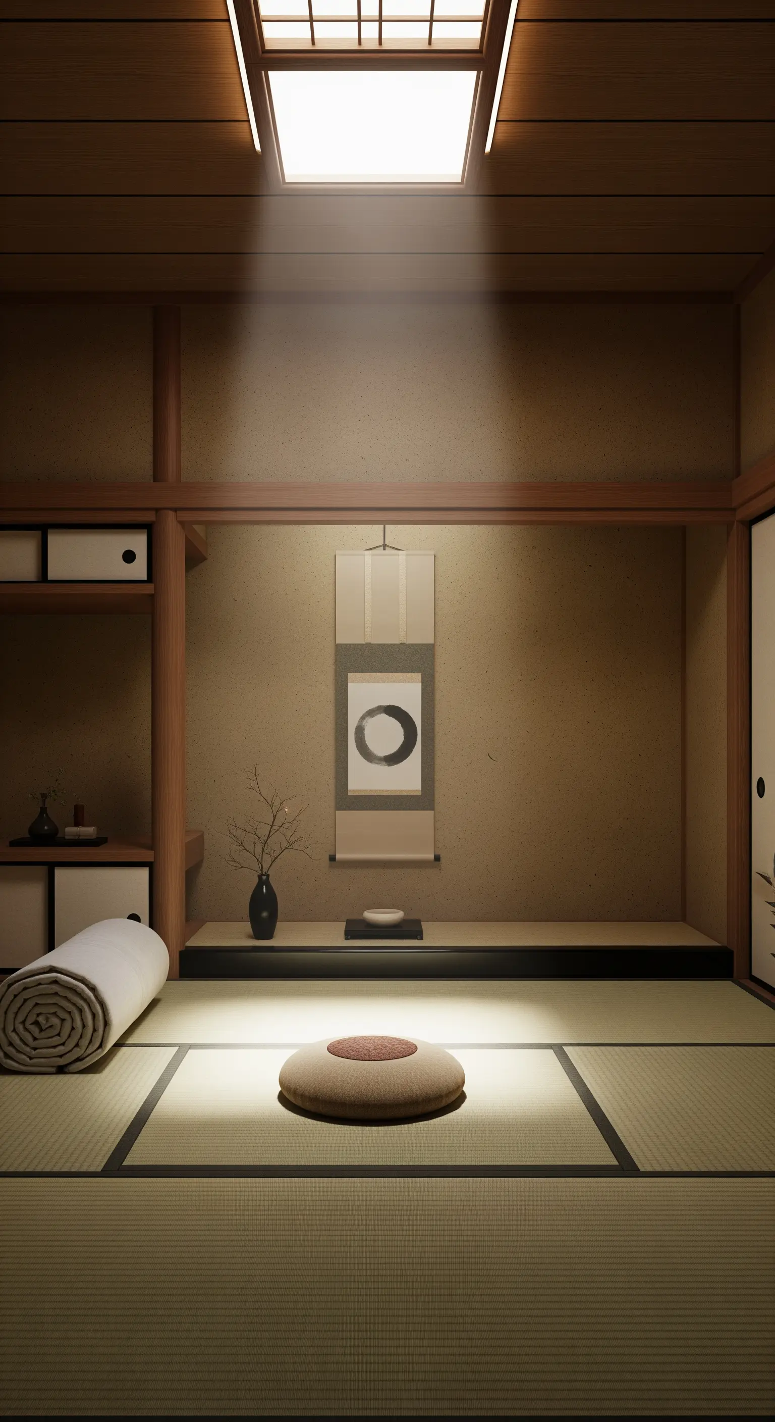 Stanza da meditazione con tatami, un cuscino zabuton e un rotolo appeso alla parete.