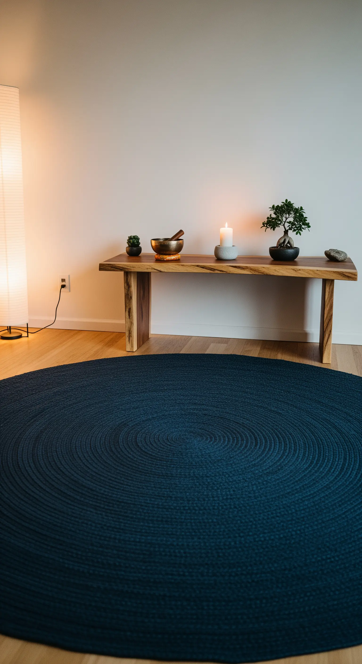 Angolo meditazione con panca in legno, bonsai e un grande tappeto rotondo blu scuro.