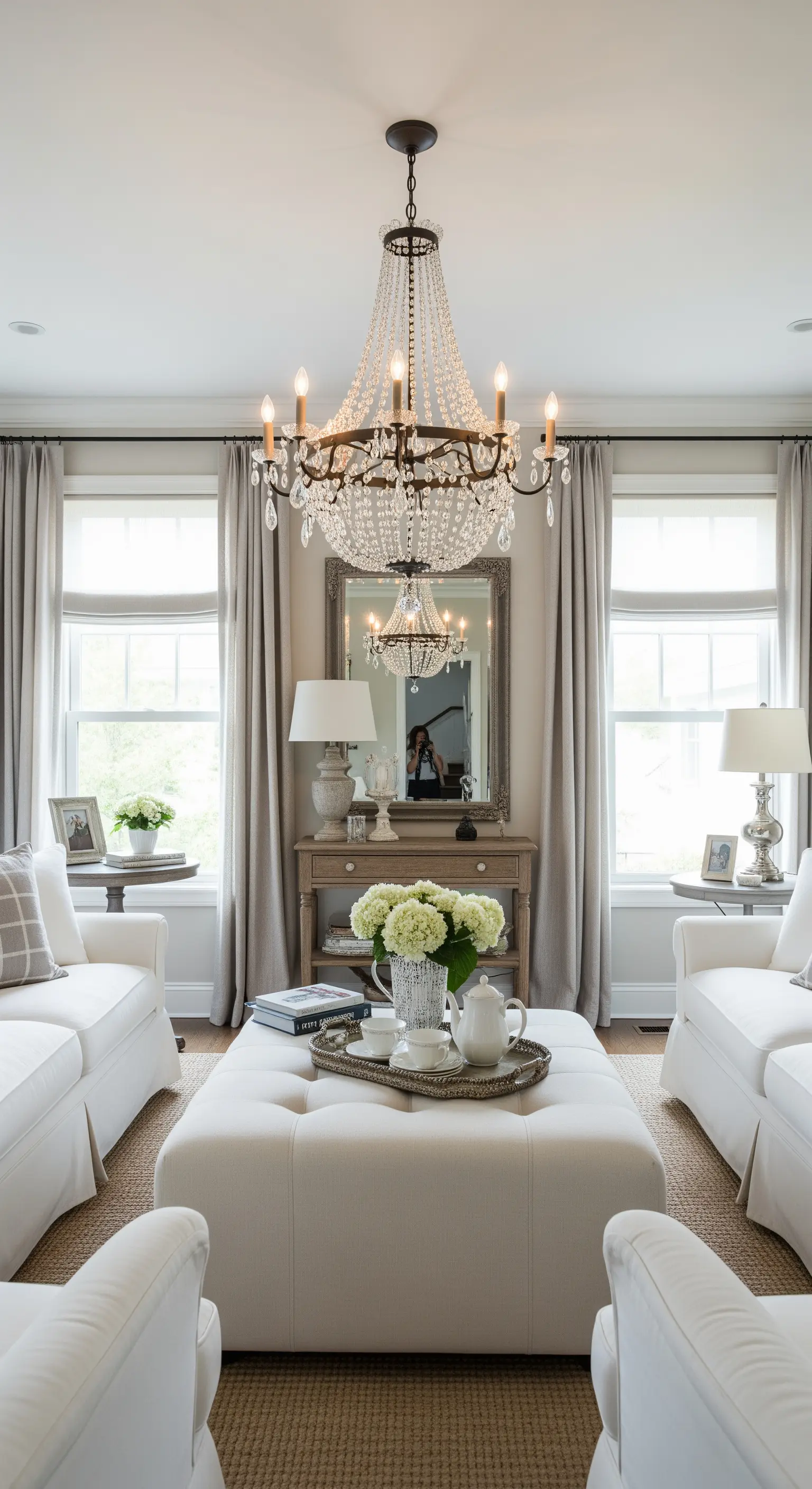 Salotto formale con due divani bianchi, pouf centrale e lampadario di cristallo.