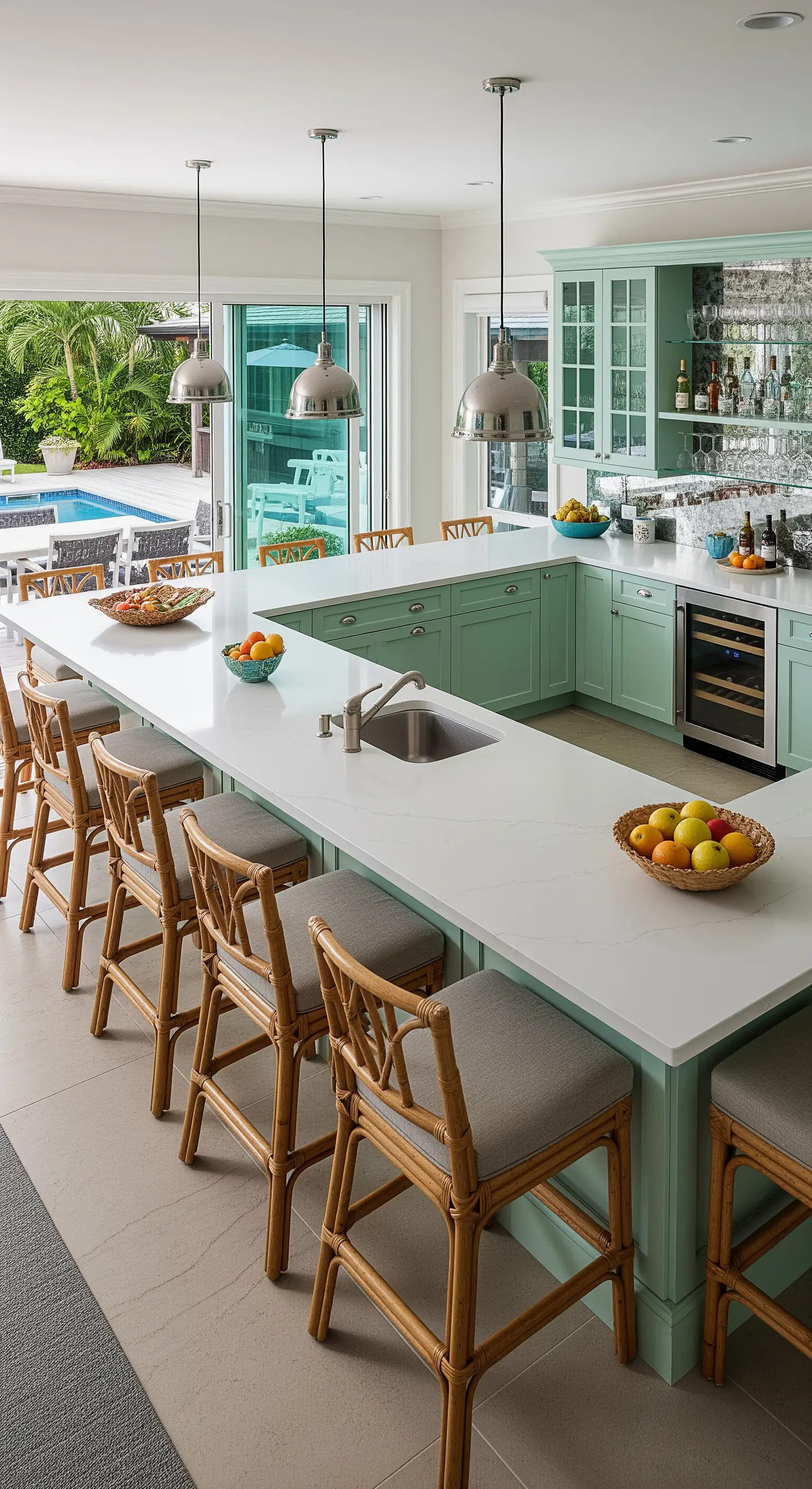 Grande cucina a penisola verde salvia con numerosi sgabelli in bambù per ospiti.