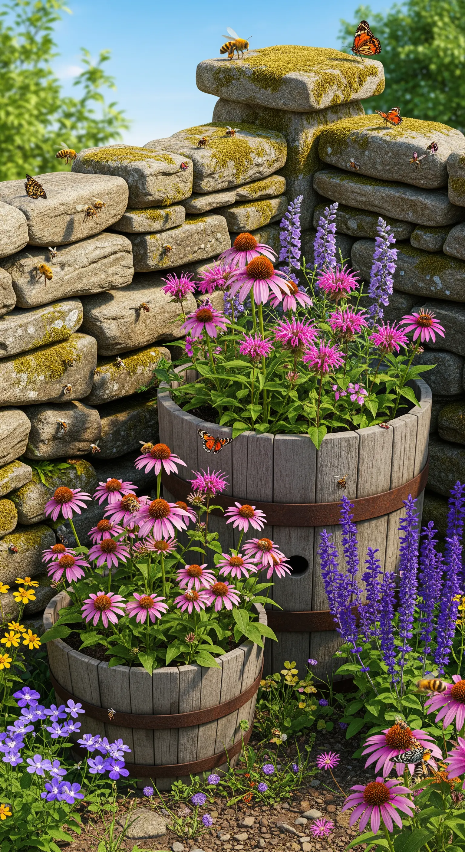 Fioriere a botte piene di echinacea e salvia, circondate da api e farfalle in volo.